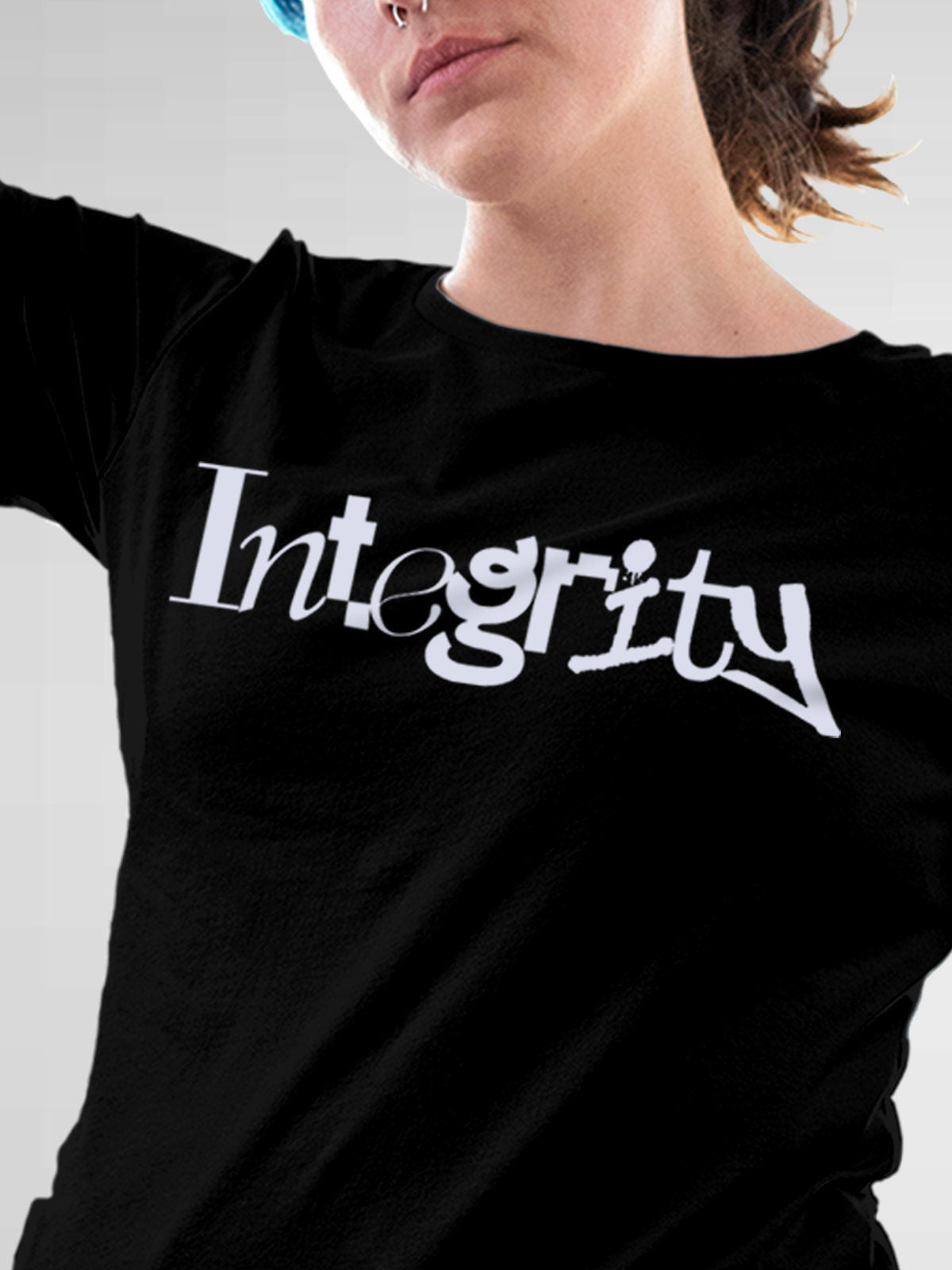 Close up of 'Integrity' design on Women's Black Round Neck T-shirt, highlighting intricate details and vibrant print.