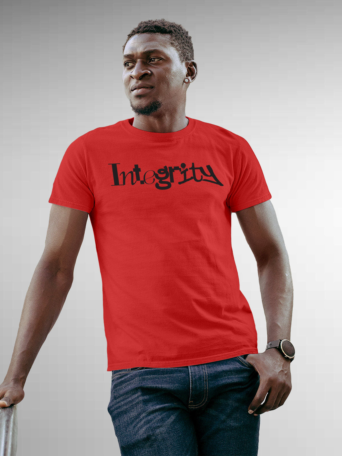 Model wearing Men's Red Round Neck T-shirt with 'Integrity' design, offering effortless style and premium comfort