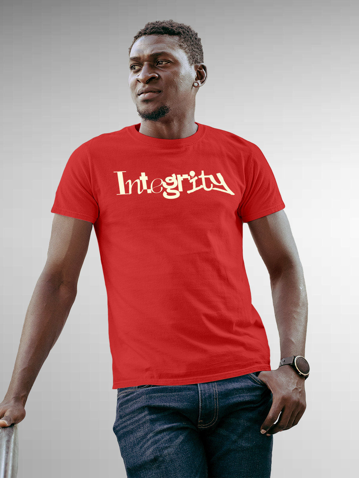 Model wearing Men's Red Round Neck T-shirt with 'Integrity' design, offering effortless style and premium comfort