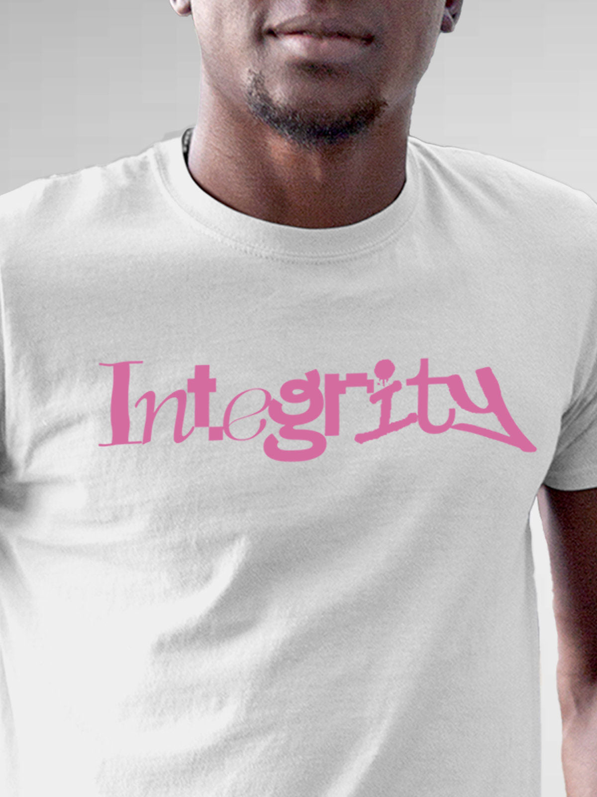 Close up of 'Integrity' design on Men's White Round Neck T-shirt, highlighting intricate details and vibrant print.