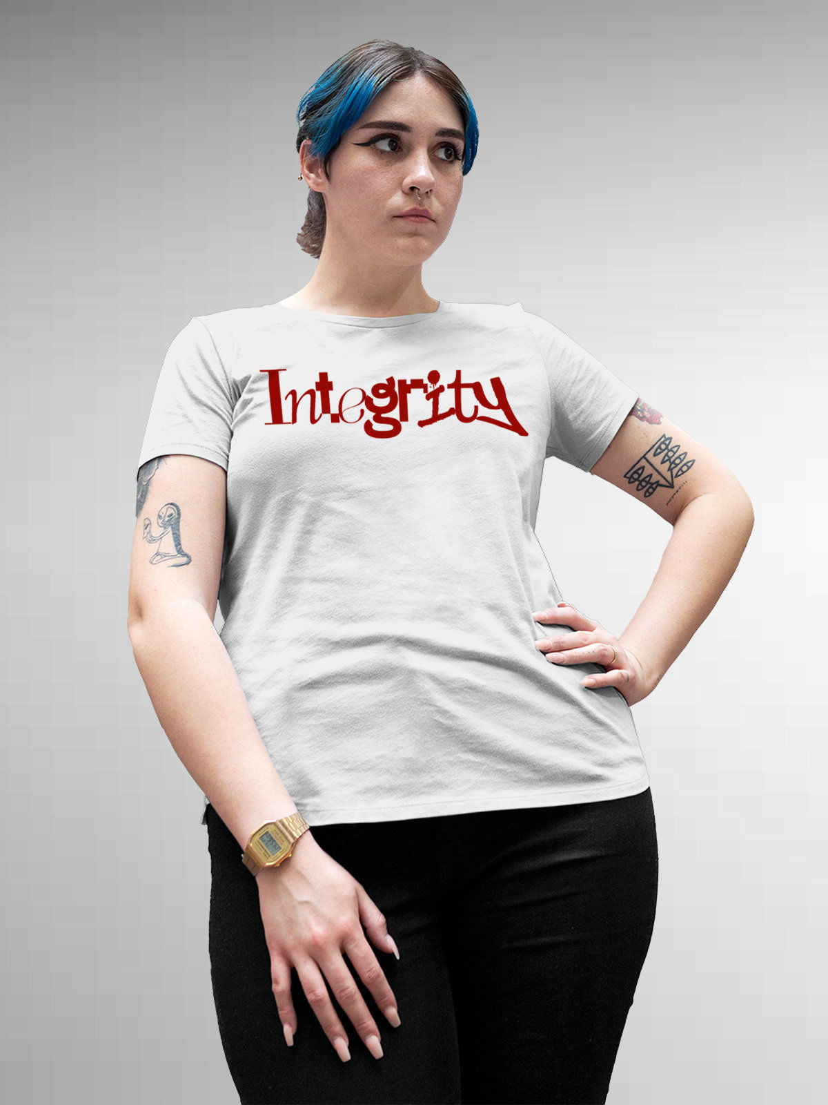 Model wearing Women's White Round Neck T-shirt with 'Integrity' design, offering effortless style and premium comfort