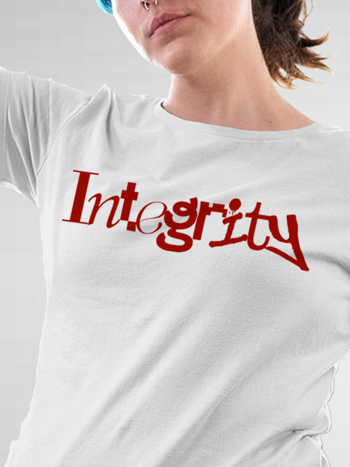 Close up of 'Integrity' design on Women's White Round Neck T-shirt, highlighting intricate details and vibrant print.