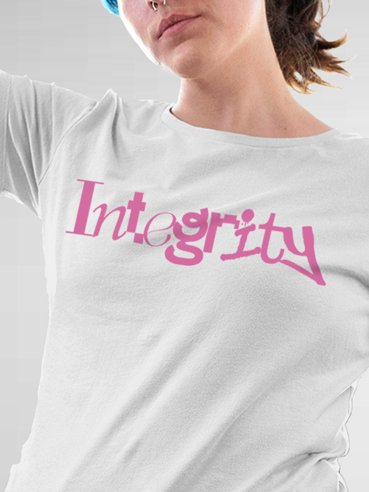 Close up of 'Integrity' design on Women's White Round Neck T-shirt, highlighting intricate details and vibrant print.
