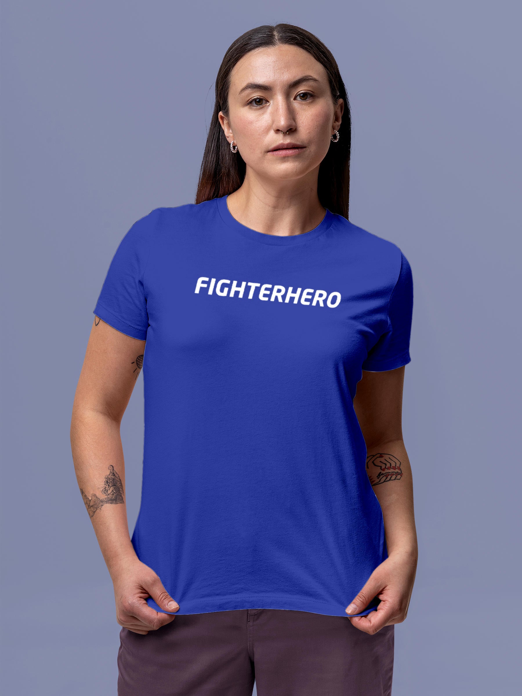 Model wearing Women's Blue Round Neck T-shirt with 'Fighterhero' design, offering effortless style and premium comfort