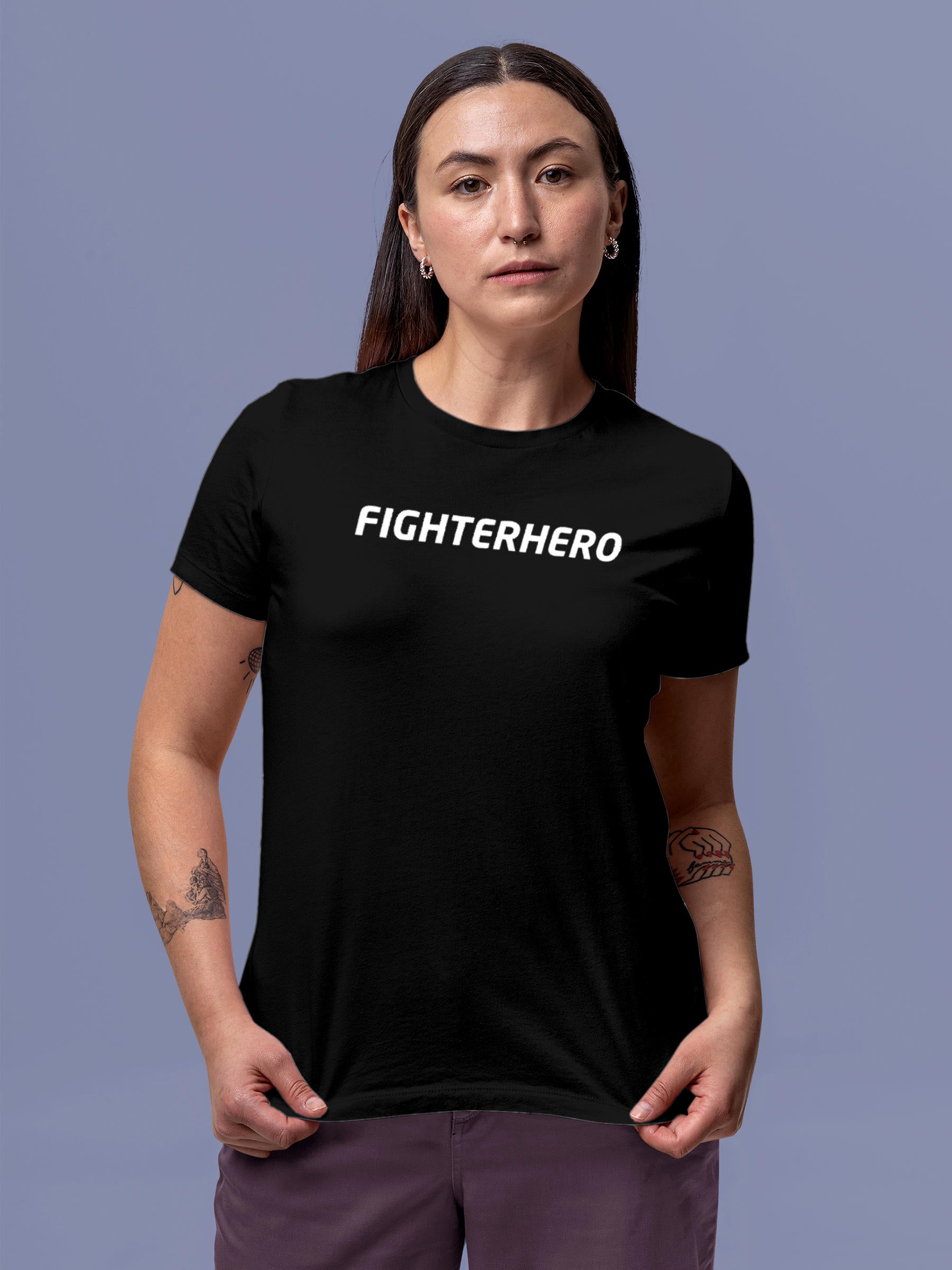 Model wearing Women's Black Round Neck T-shirt with 'Fighterhero' design, offering effortless style and premium comfort