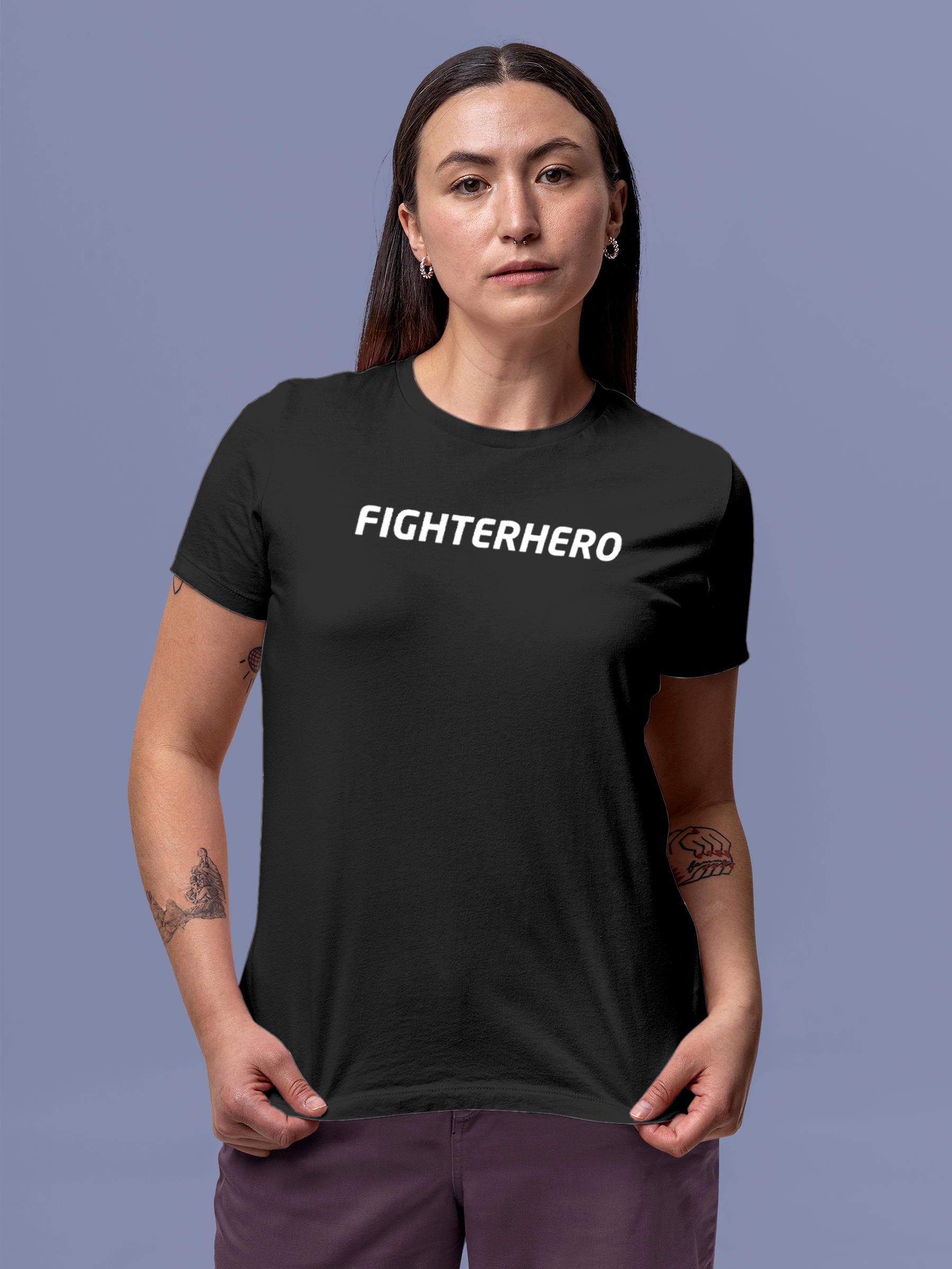 Model wearing Women's Dark Grey Round Neck T-shirt with 'Fighterhero' design, offering effortless style and premium comfort