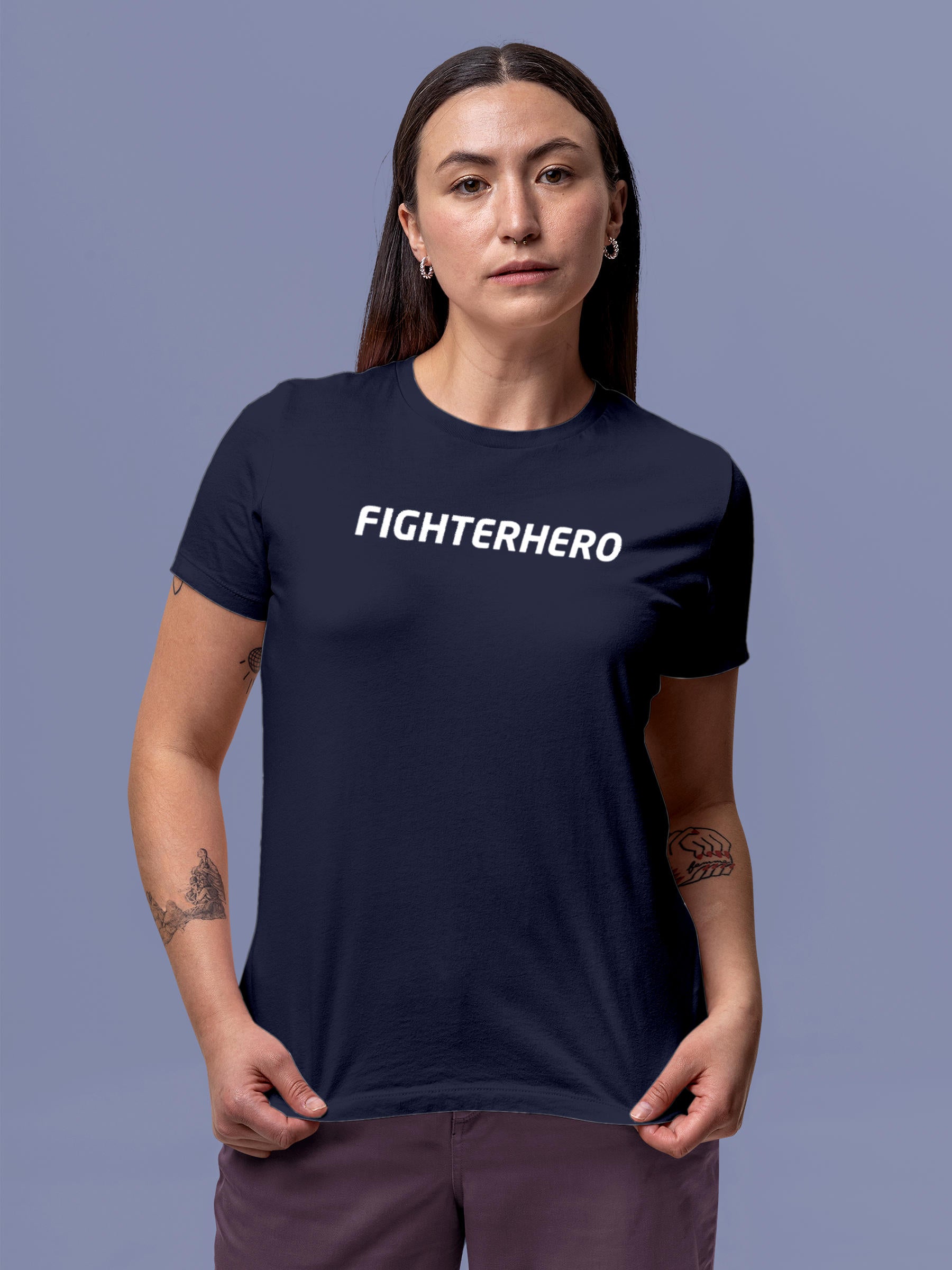 Model wearing Women's Navy Blue Round Neck T-shirt with 'Fighterhero' design, offering effortless style and premium comfort