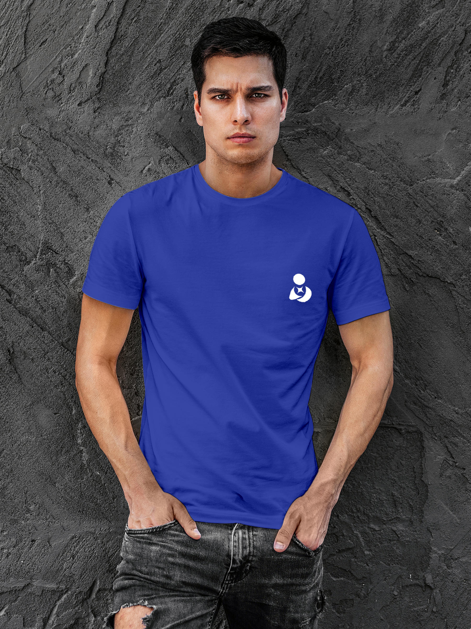 Model wearing Men's Blue Round Neck T-shirt with 'Fighterhero Logo' design, offering effortless style and premium comfort