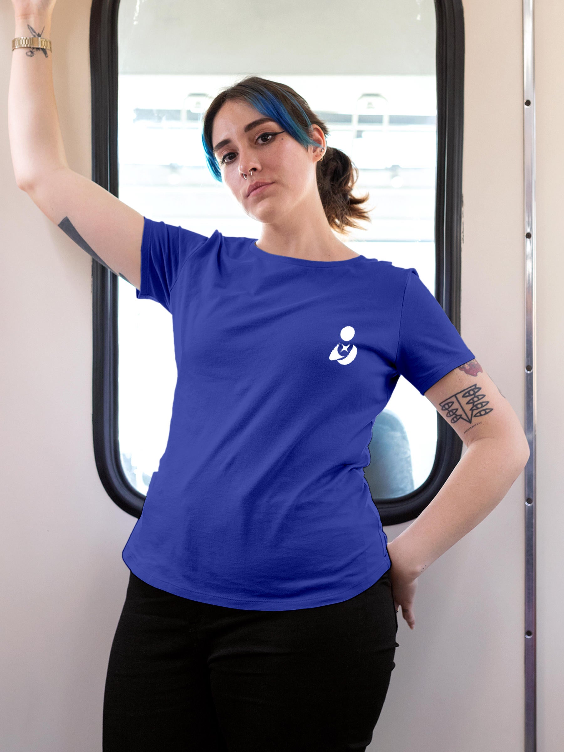 Model wearing Women's Blue Round Neck T-shirt with 'Fighterhero Logo' design, offering effortless style and premium comfort