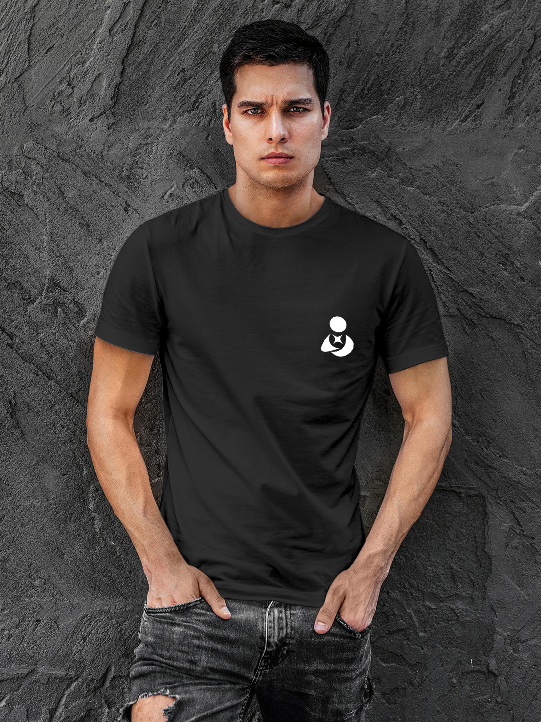 Model wearing Men's Dark Grey Round Neck T-shirt with 'Fighterhero Logo' design, offering effortless style and premium comfort