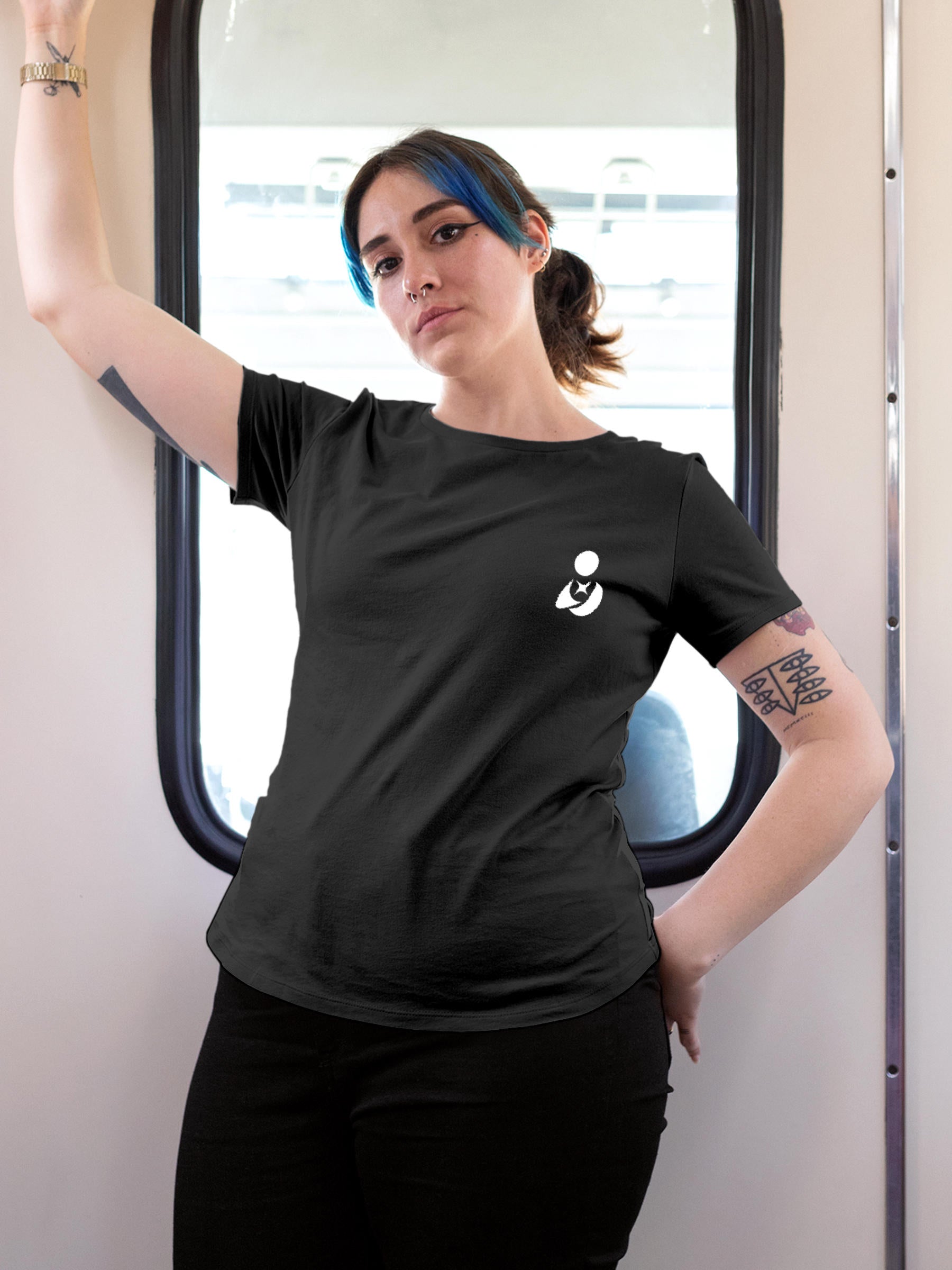 Model wearing Women's Dark Grey Round Neck T-shirt with 'Fighterhero Logo' design, offering effortless style and premium comfort