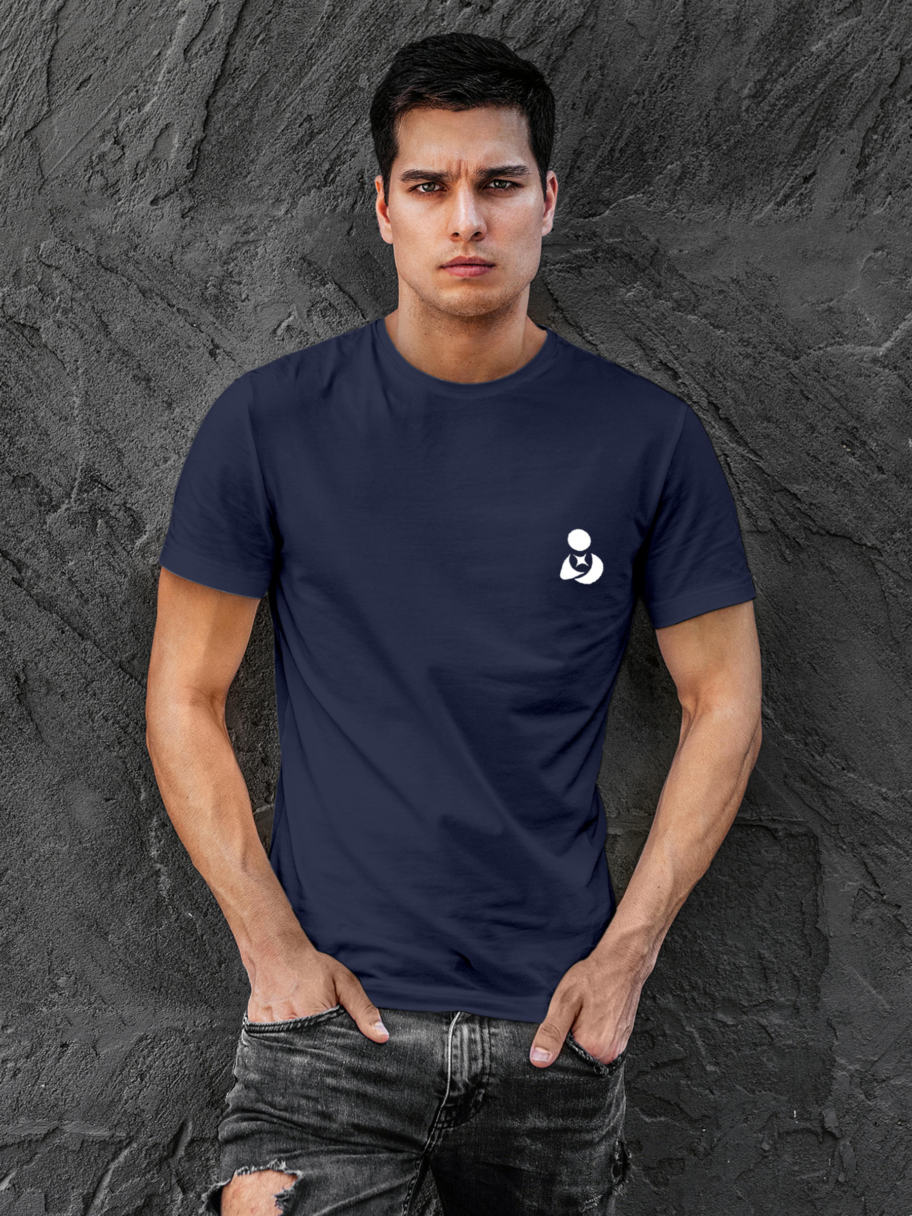 Model wearing Men's Navy Blue Round Neck T-shirt with 'Fighterhero Logo' design, offering effortless style and premium comfort