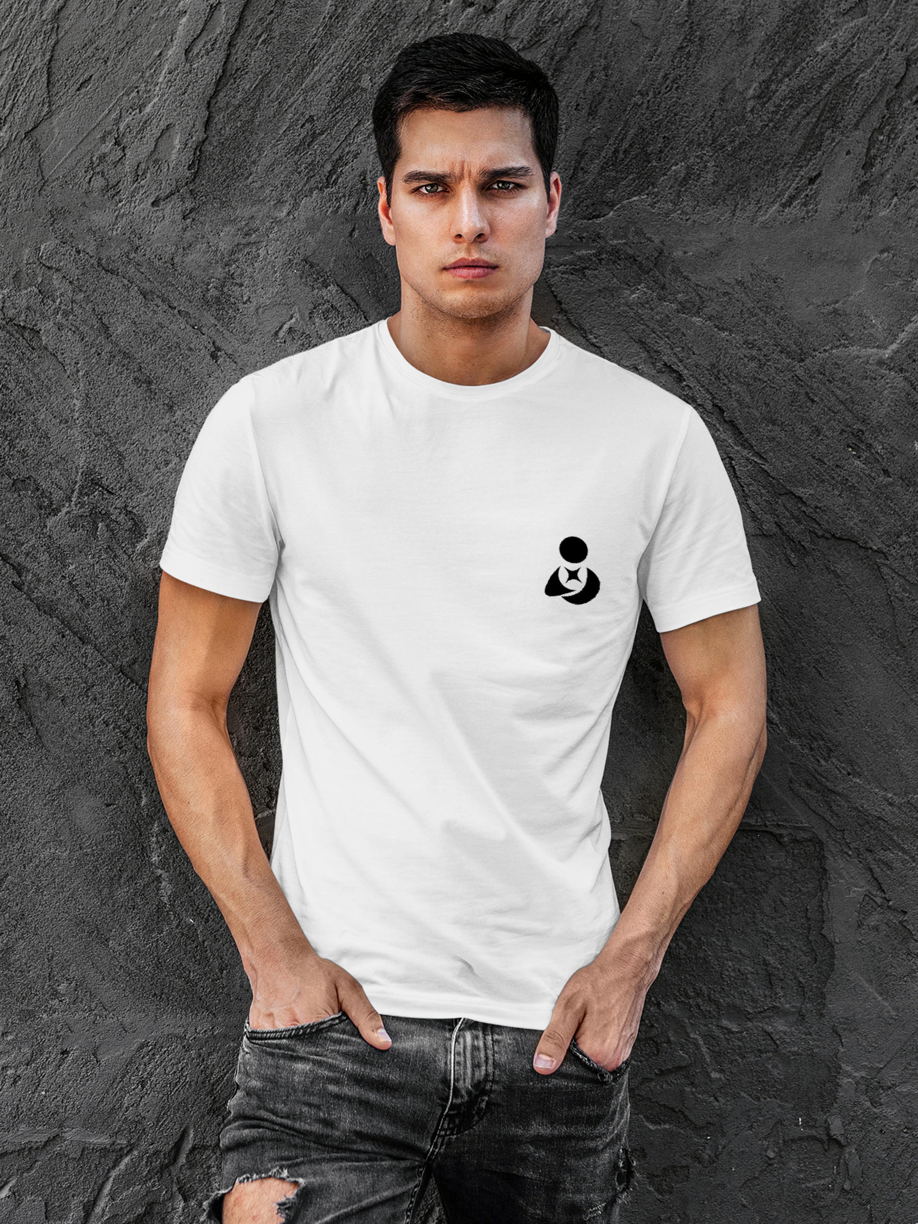 Model wearing Men's White Round Neck T-shirt with 'Fighterhero Logo' design, offering effortless style and premium comfort