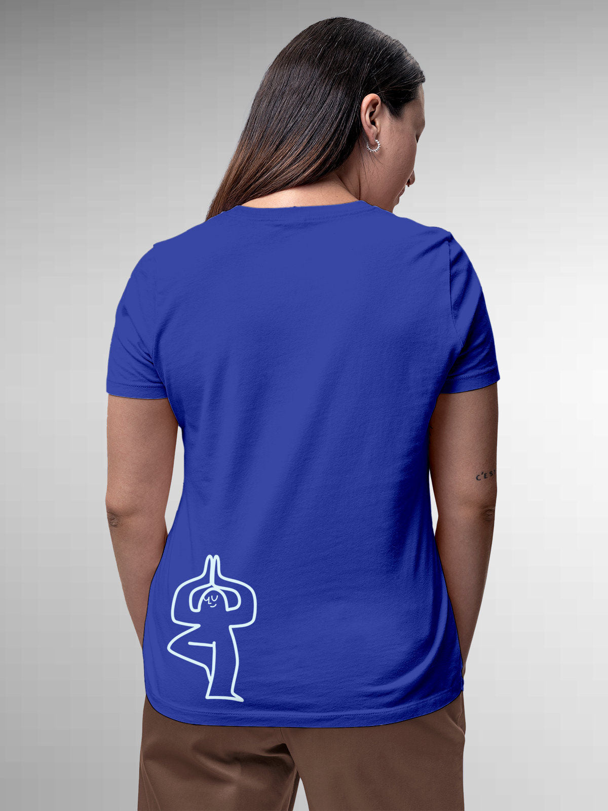 Model wearing Women's Blue Round Neck T-shirt with 'Balance Is A Decision' design, offering effortless style and premium comfort