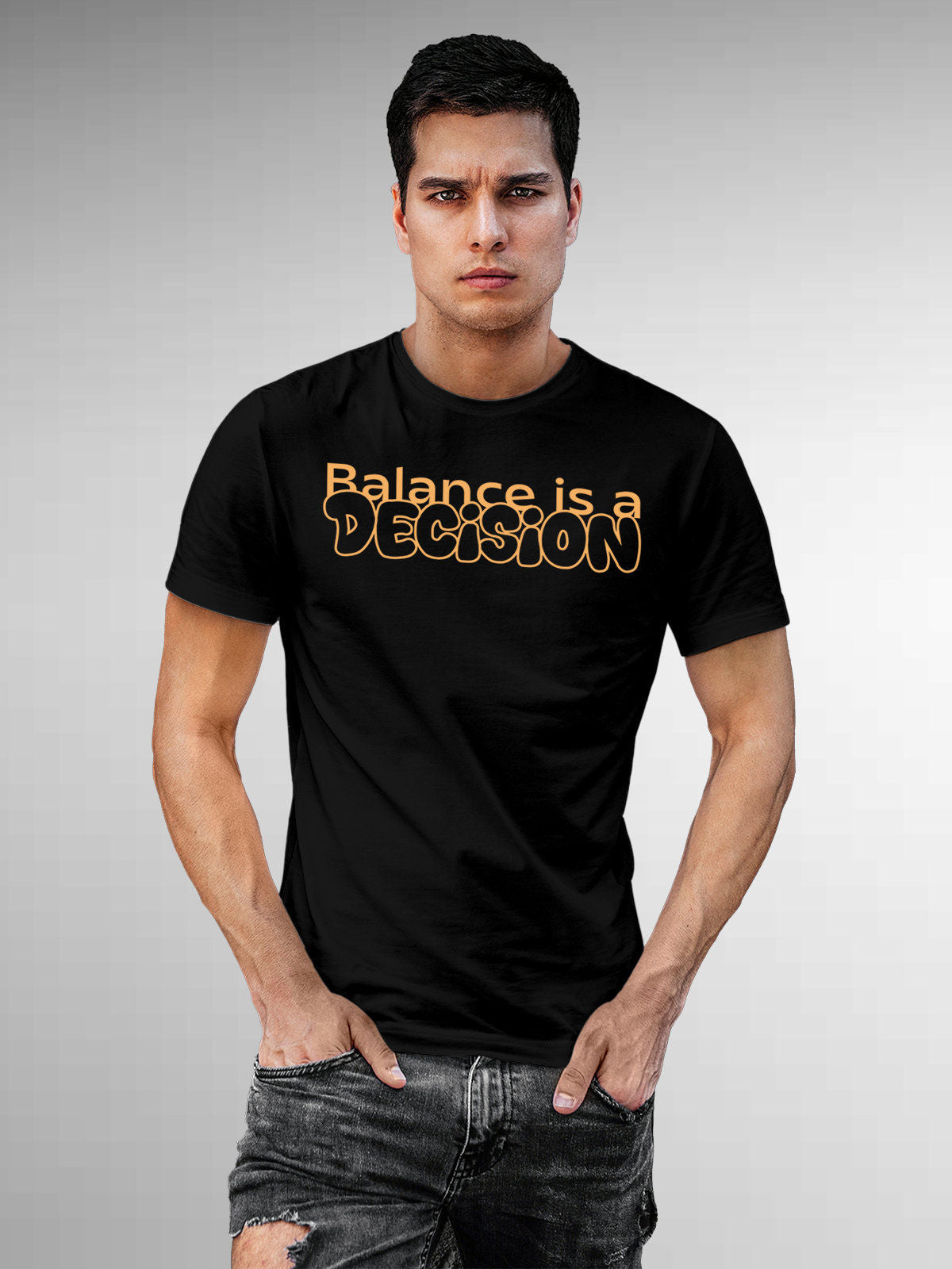 Front view of Fighterhero Men's Black Round Neck T-shirt, highlighting the 'broken chains' design on the chest.