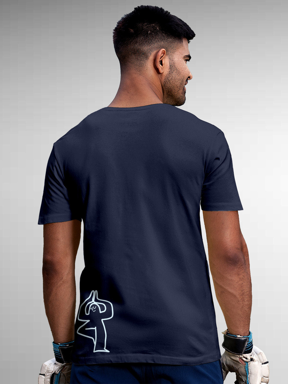 Model wearing Men's Navy Blue Round Neck T-shirt with 'Balance Is A Decision' design, offering effortless style and premium comfort