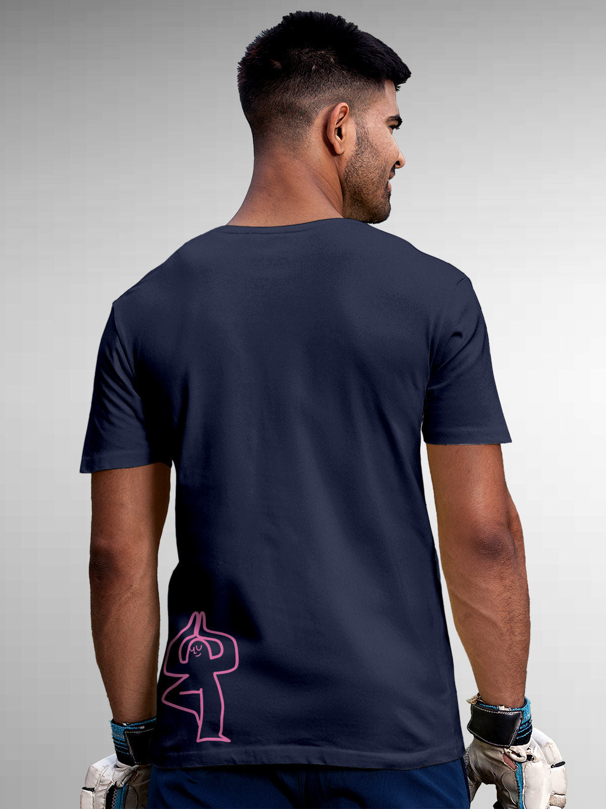 Model wearing Men's Navy Blue Round Neck T-shirt with 'Balance Is A Decision' design, offering effortless style and premium comfort