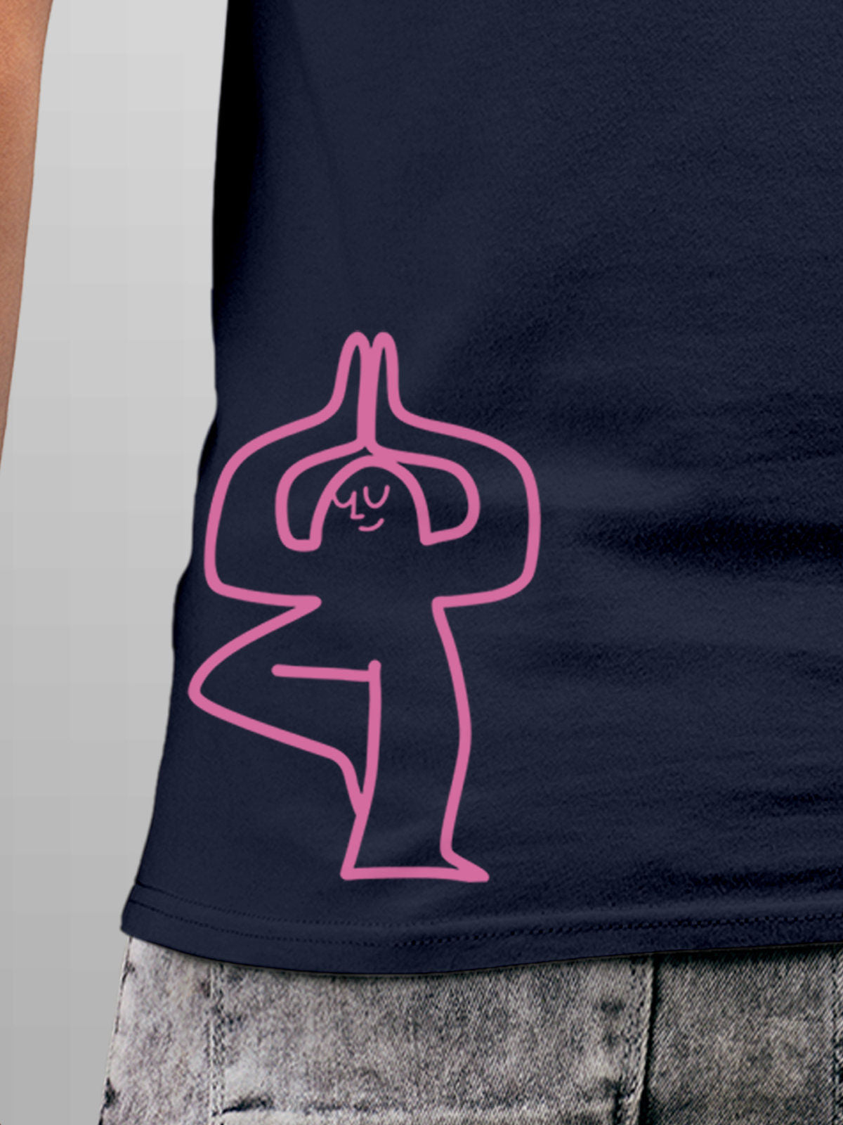 Close up of 'Balance Is A Decision' design on Men's Navy Blue Round Neck T-shirt, highlighting intricate details and vibrant print.
