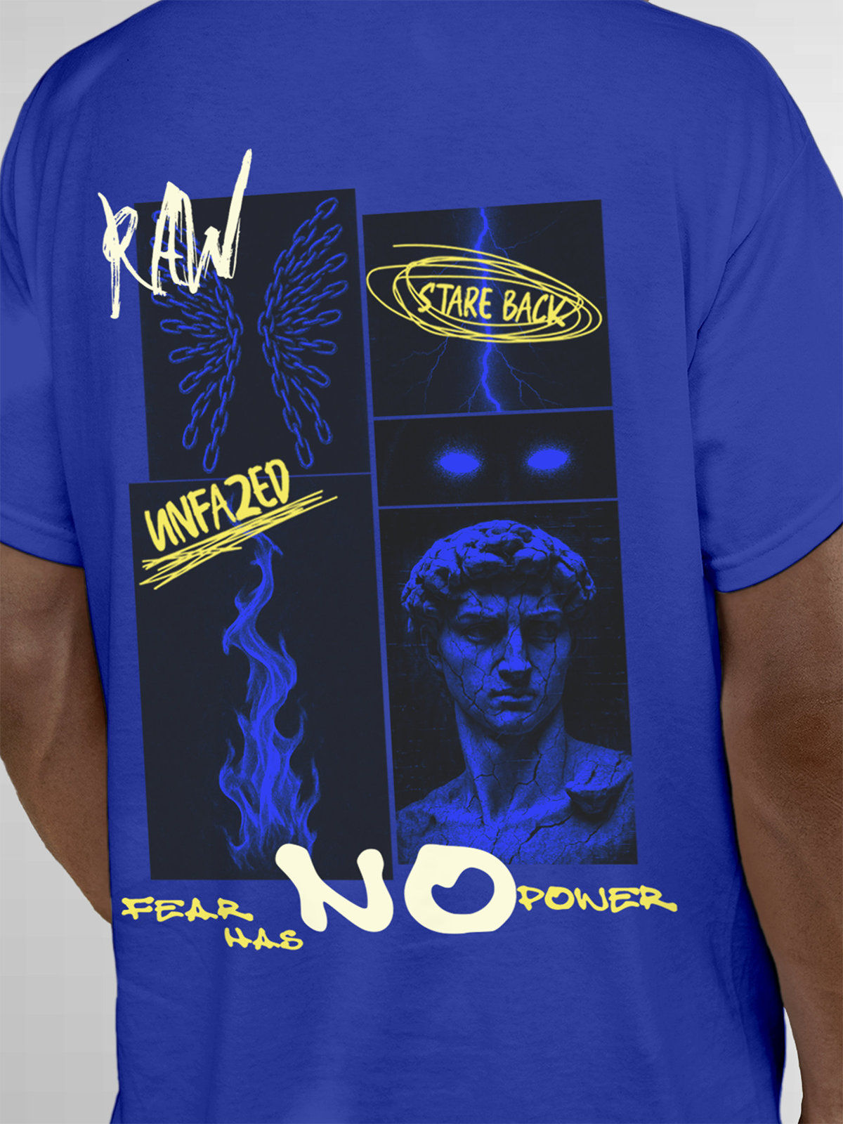 Close up of 'Face The Fear' design on Men's Blue Round Neck T-shirt, highlighting intricate details and vibrant print.