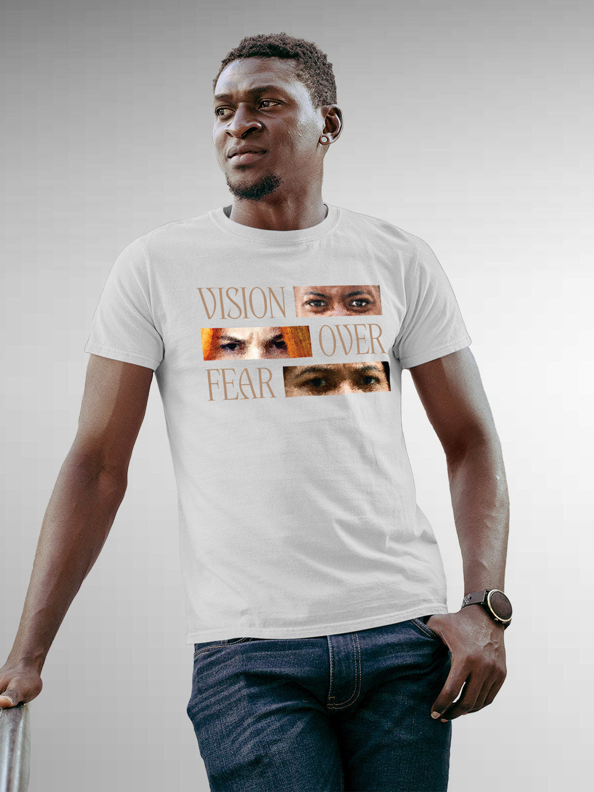 Model wearing Men's White Round Neck T-shirt with 'Vision Over Fear' design, offering effortless style and premium comfort