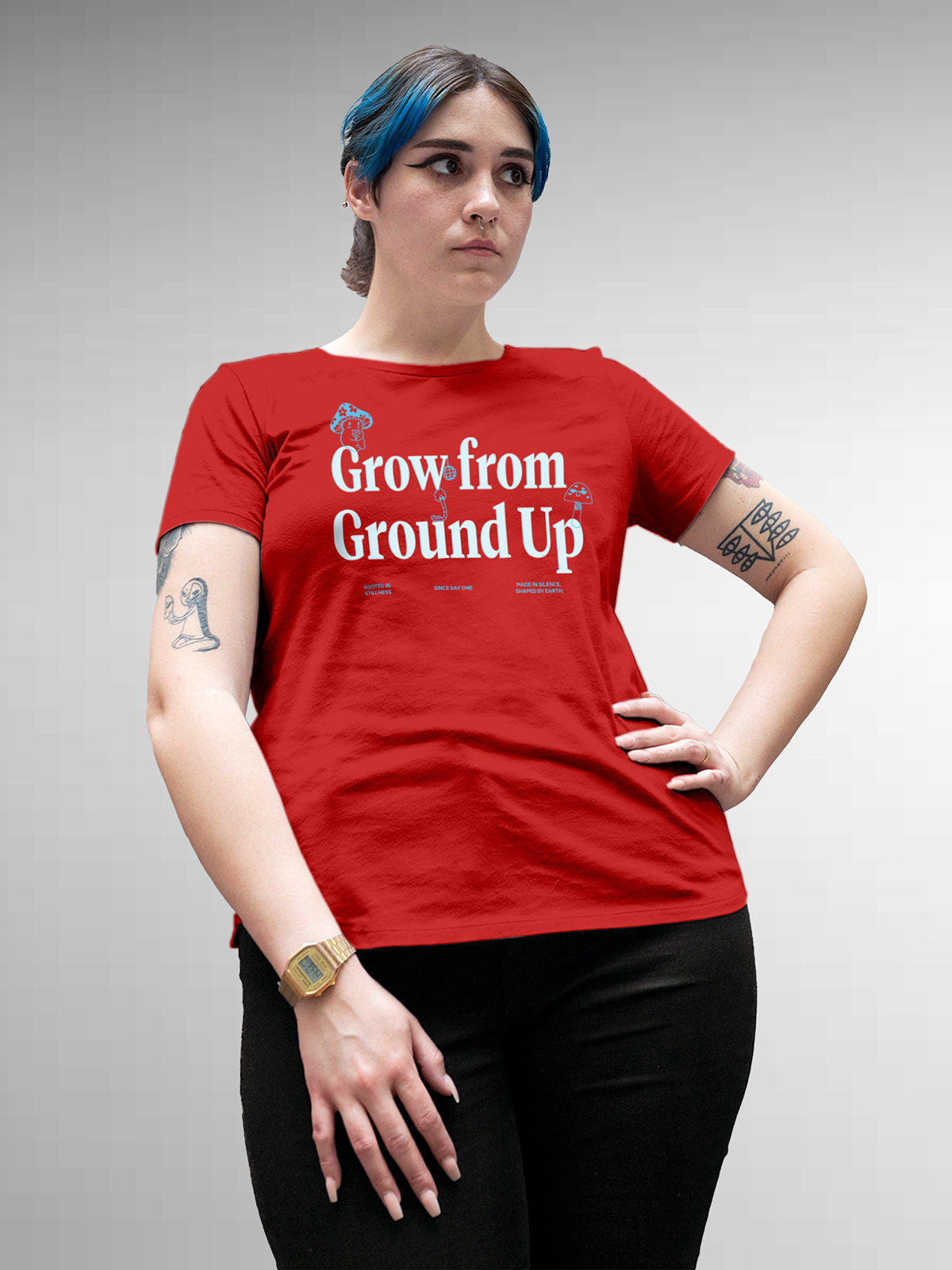 Model wearing Women's Red Round Neck T-shirt with 'Grow From Ground Up' design, offering effortless style and premium comfort
