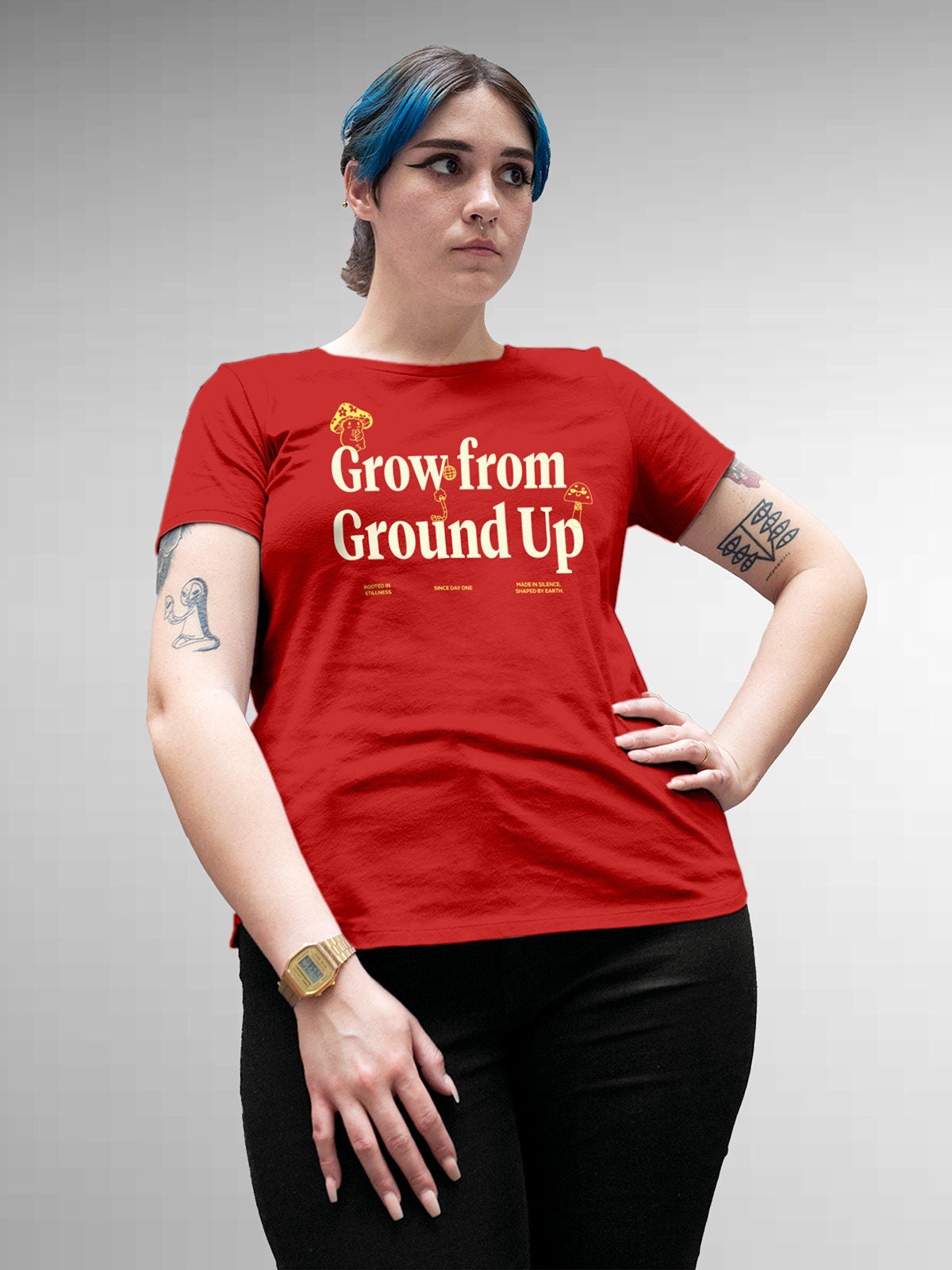 Model wearing Women's Red Round Neck T-shirt with 'Grow From Ground Up' design, offering effortless style and premium comfort