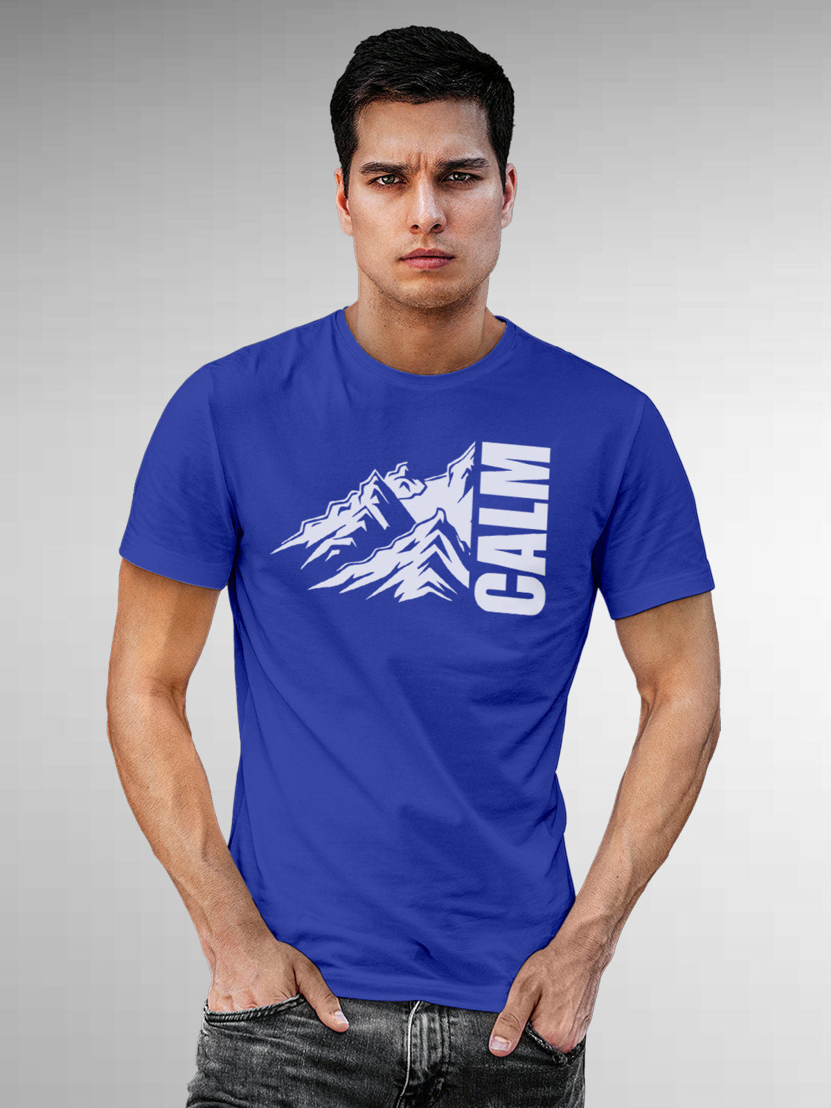 Model wearing Men's Blue Round Neck T-shirt with 'Calm' design, offering effortless style and premium comfort