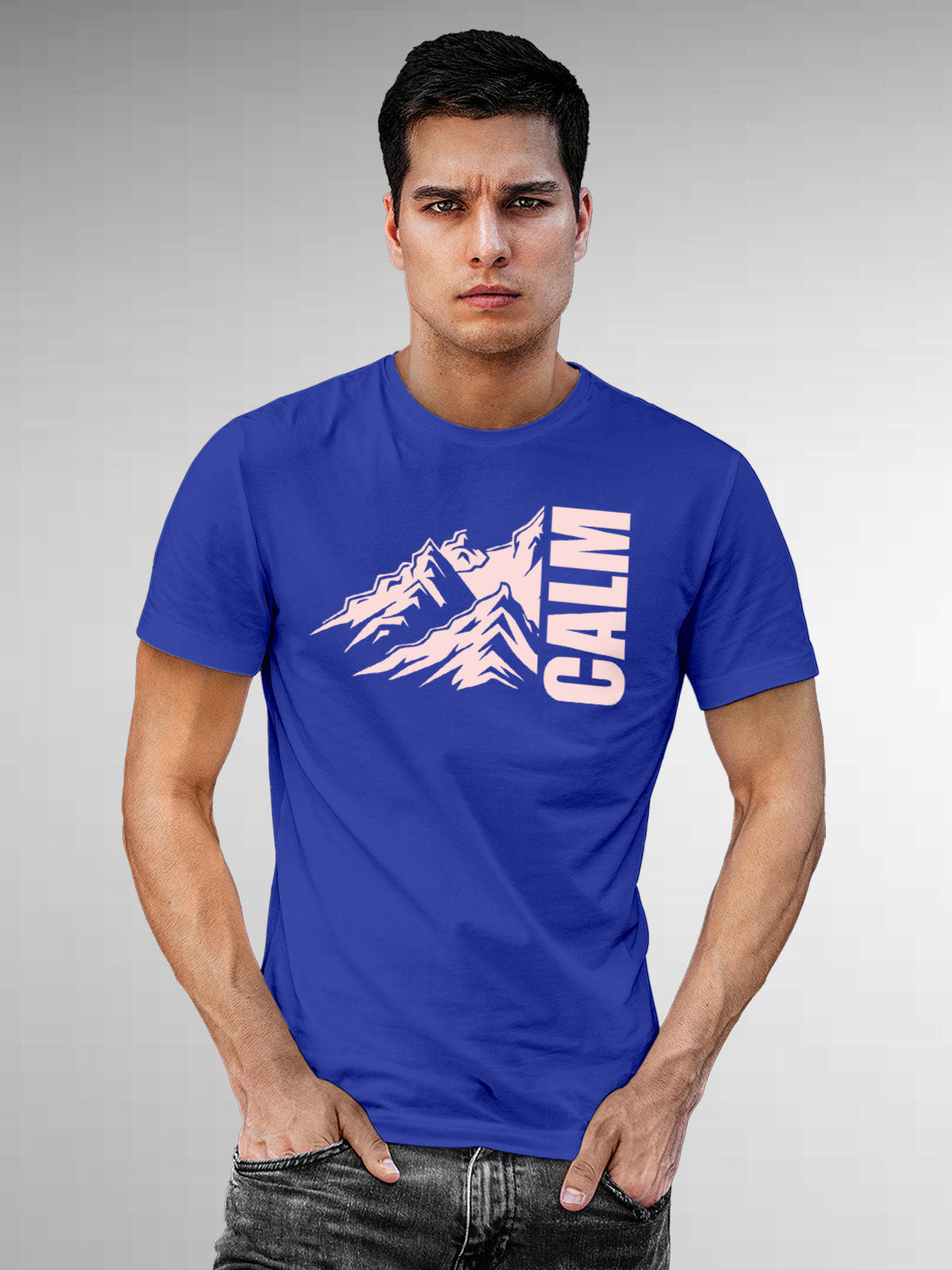 Model wearing Men's Blue Round Neck T-shirt with 'Calm' design, offering effortless style and premium comfort