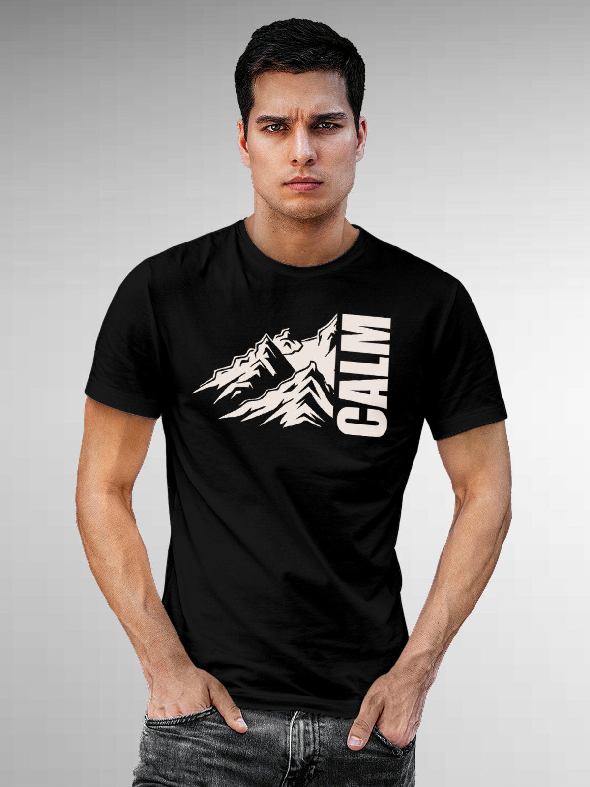 Model wearing Men's Black Round Neck T-shirt with 'Calm' design, offering effortless style and premium comfort