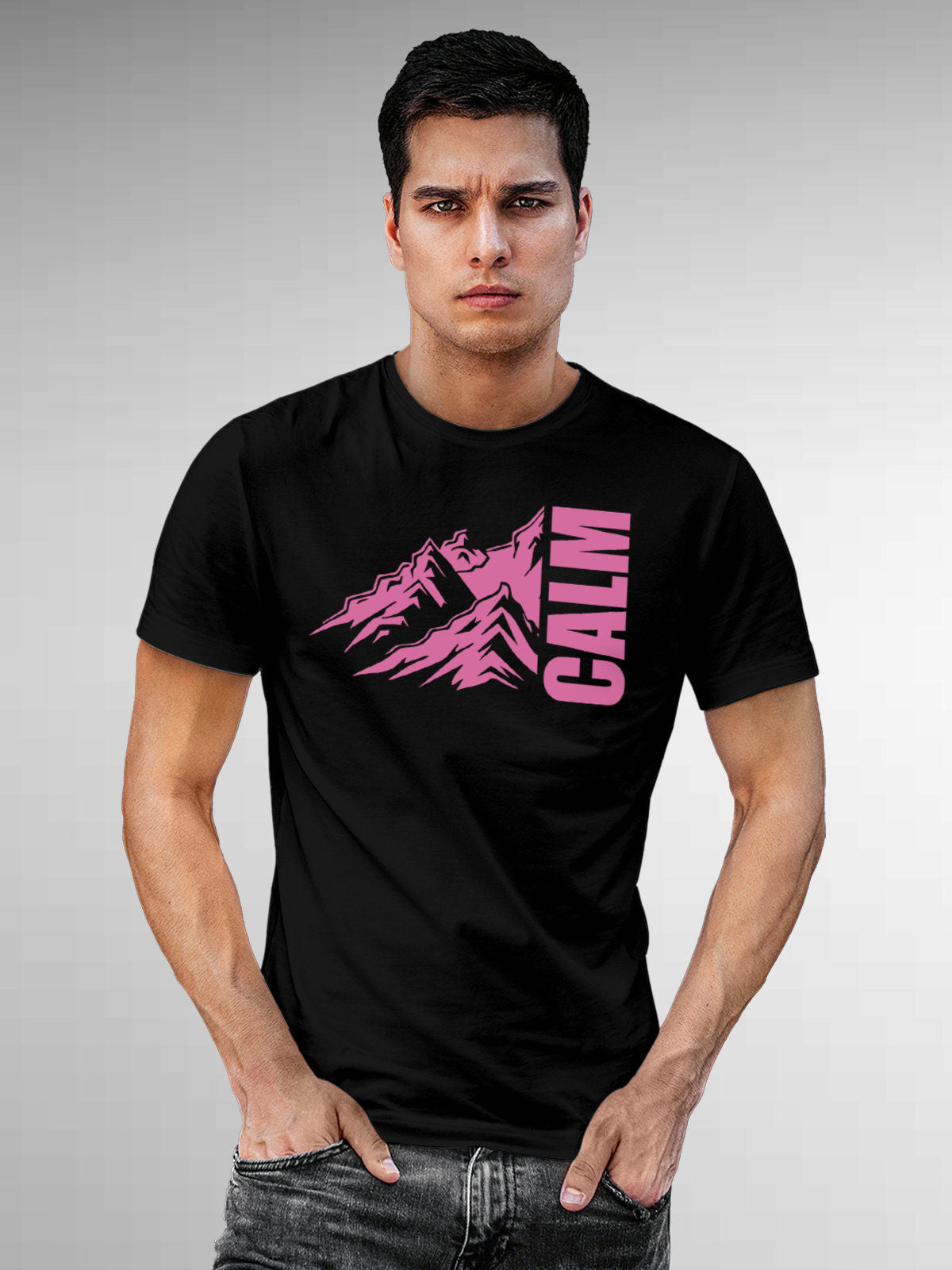 Model wearing Men's Black Round Neck T-shirt with 'Calm' design, offering effortless style and premium comfort