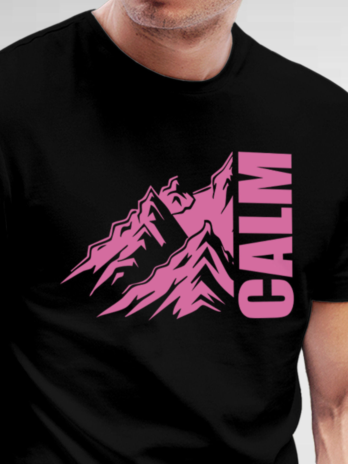 Close up of 'Calm' design on Men's Black Round Neck T-shirt, highlighting intricate details and vibrant print.