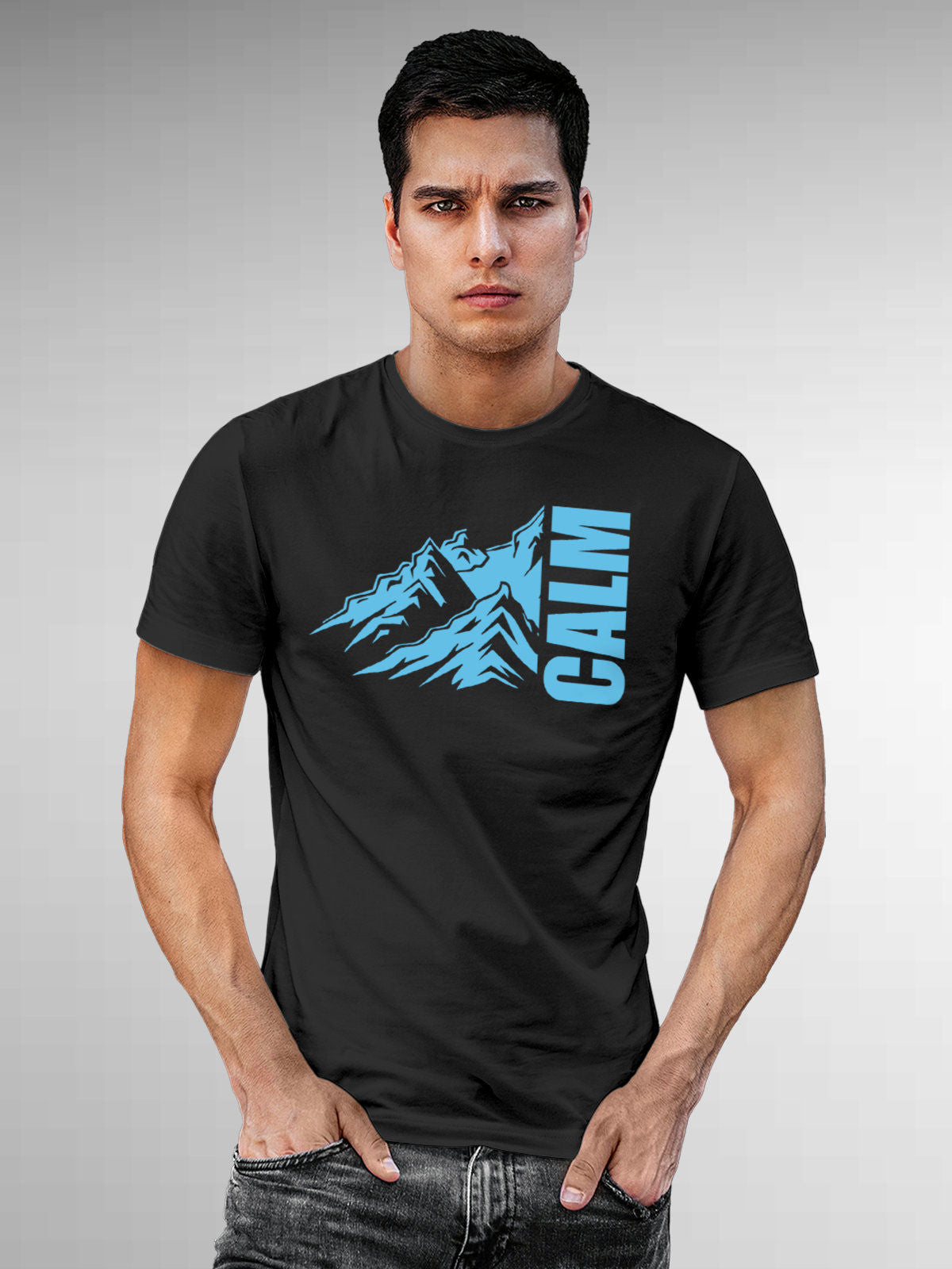 Model wearing Men's Dark Grey Round Neck T-shirt with 'Calm' design, offering effortless style and premium comfort
