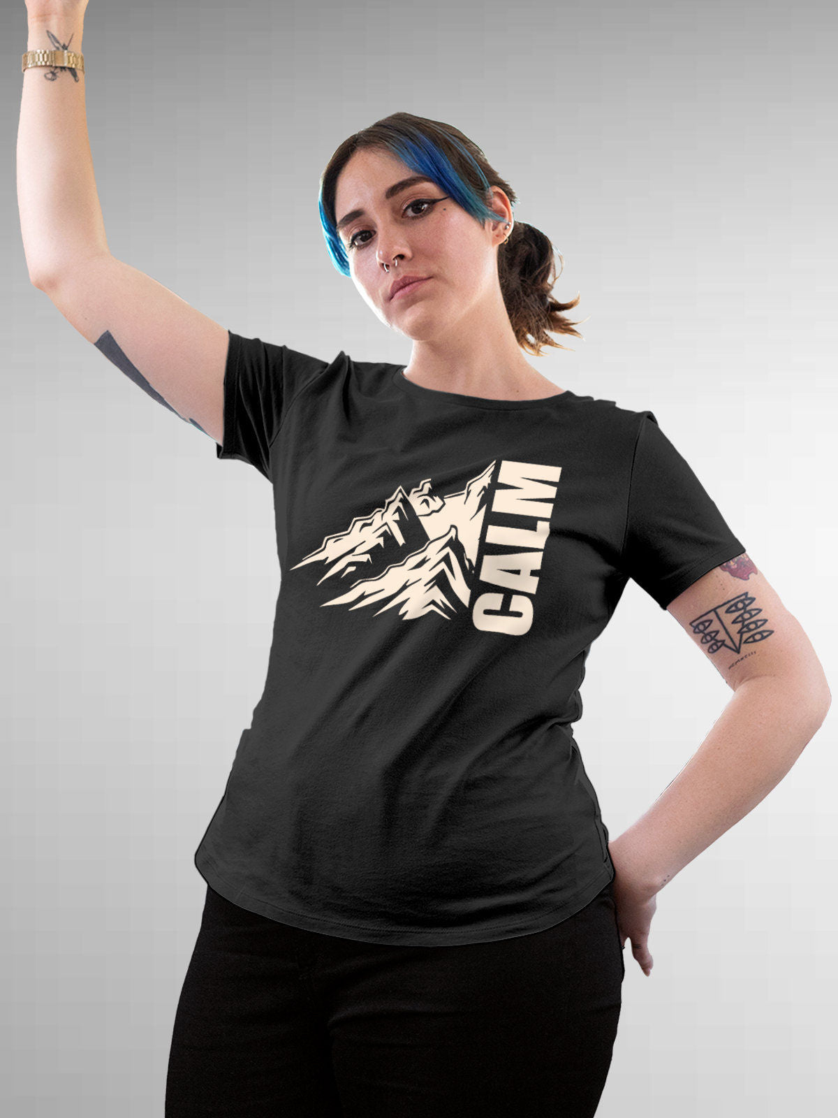 Model wearing Women's Dark Grey Round Neck T-shirt with 'Calm' design, offering effortless style and premium comfort