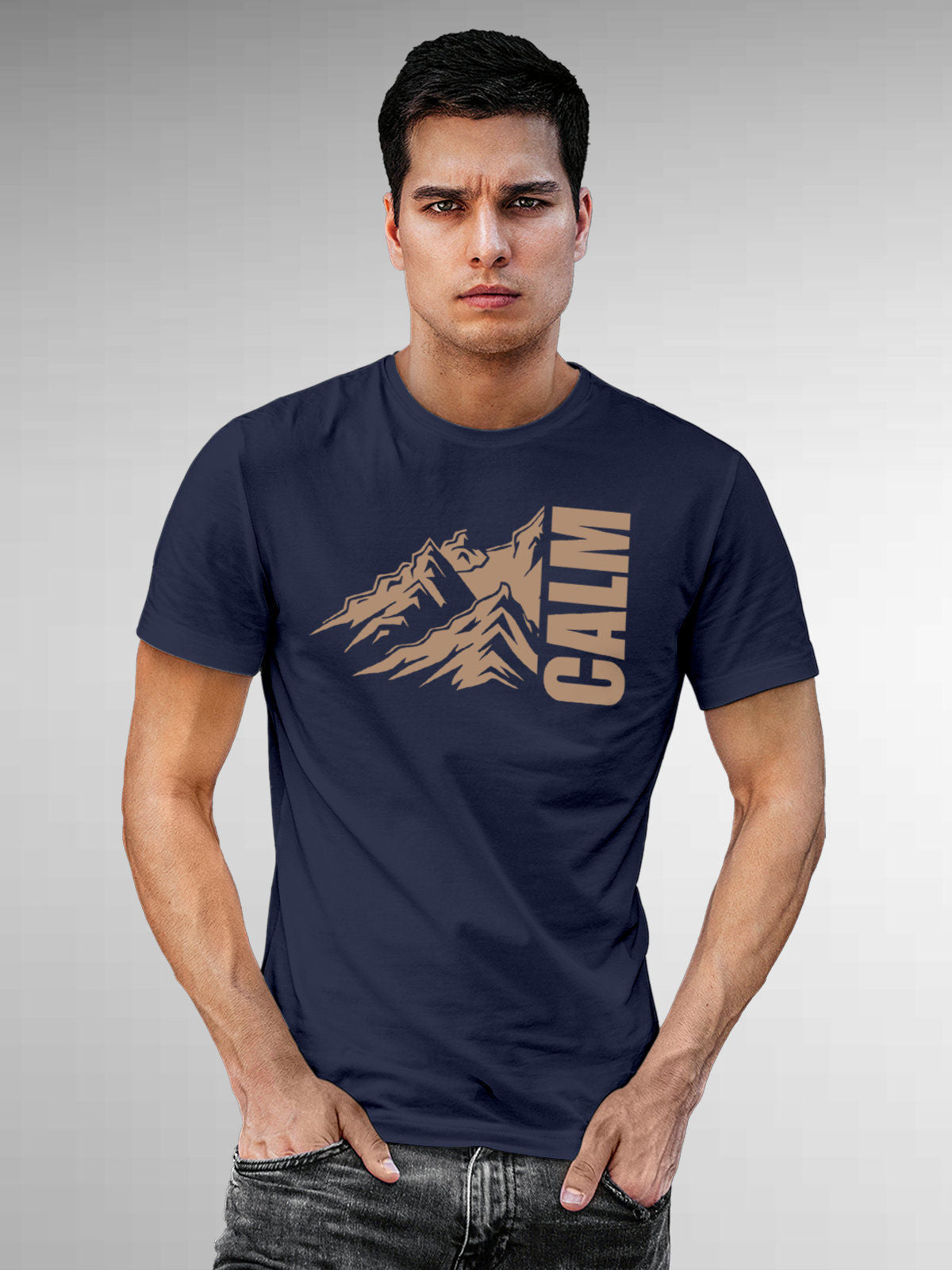 Model wearing Men's Navy Blue Round Neck T-shirt with 'Calm' design, offering effortless style and premium comfort