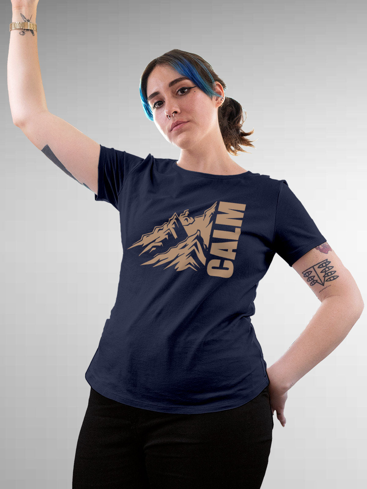Model wearing Women's Navy Blue Round Neck T-shirt with 'Calm' design, offering effortless style and premium comfort