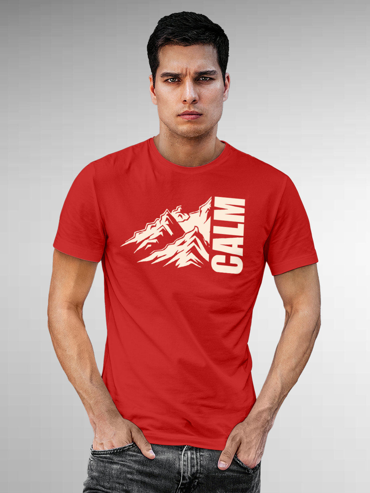 Model wearing Men's Red Round Neck T-shirt with 'Calm' design, offering effortless style and premium comfort
