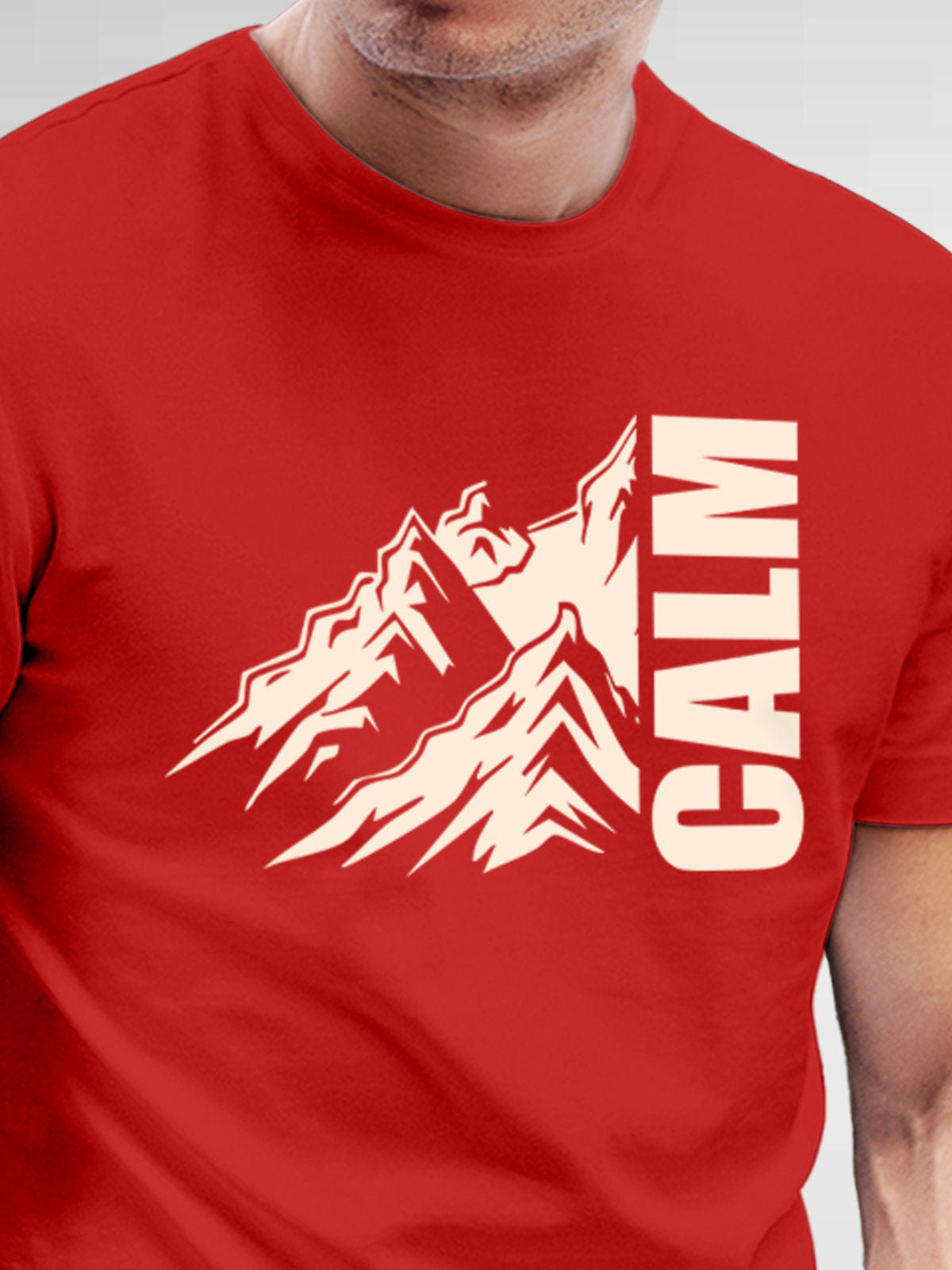 Close up of 'Calm' design on Men's Red Round Neck T-shirt, highlighting intricate details and vibrant print.