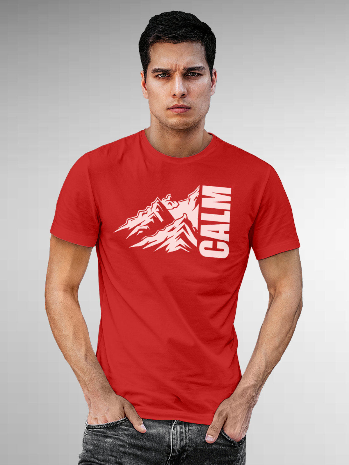 Model wearing Men's Red Round Neck T-shirt with 'Calm' design, offering effortless style and premium comfort