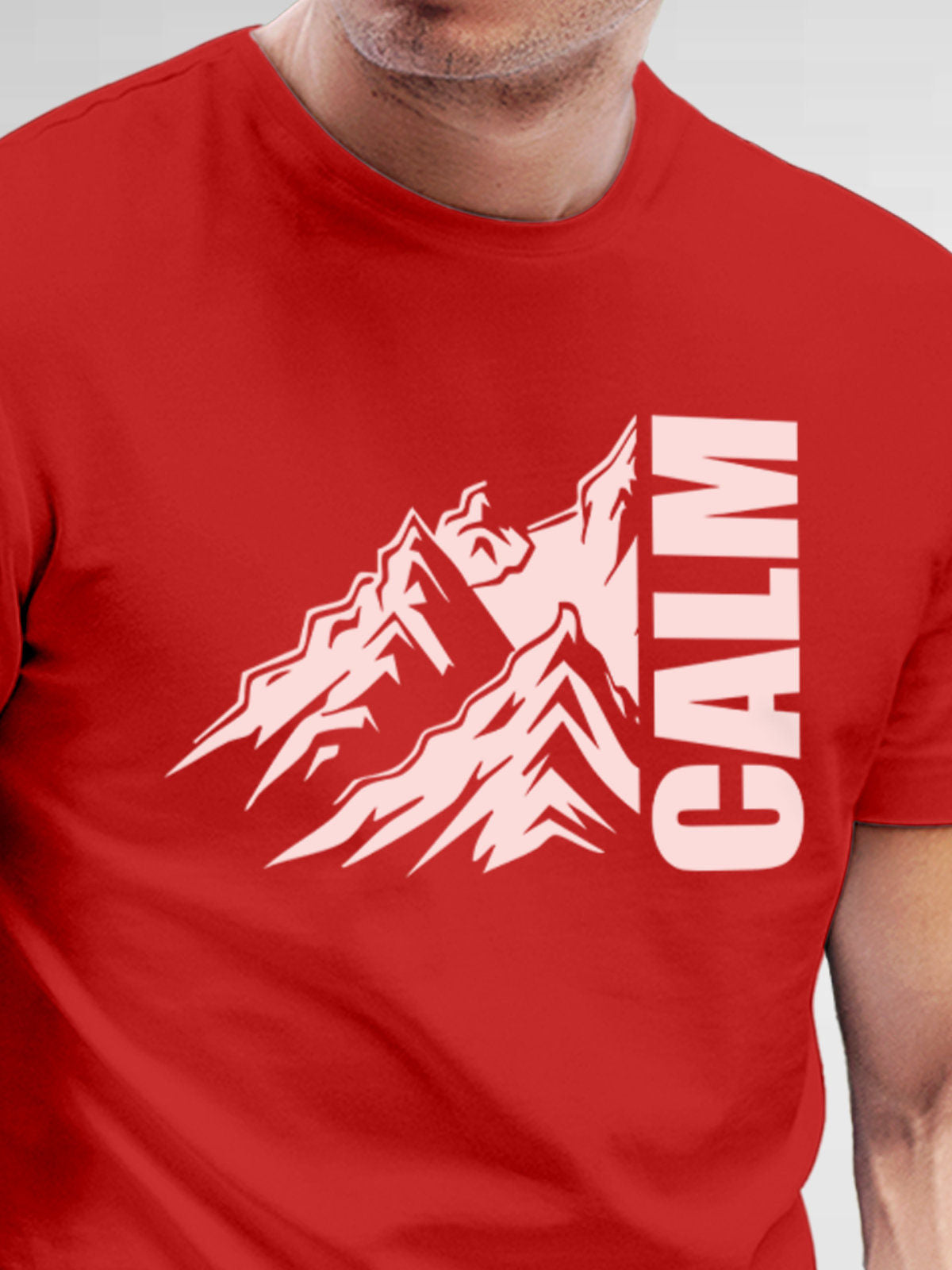 Close up of 'Calm' design on Men's Red Round Neck T-shirt, highlighting intricate details and vibrant print.