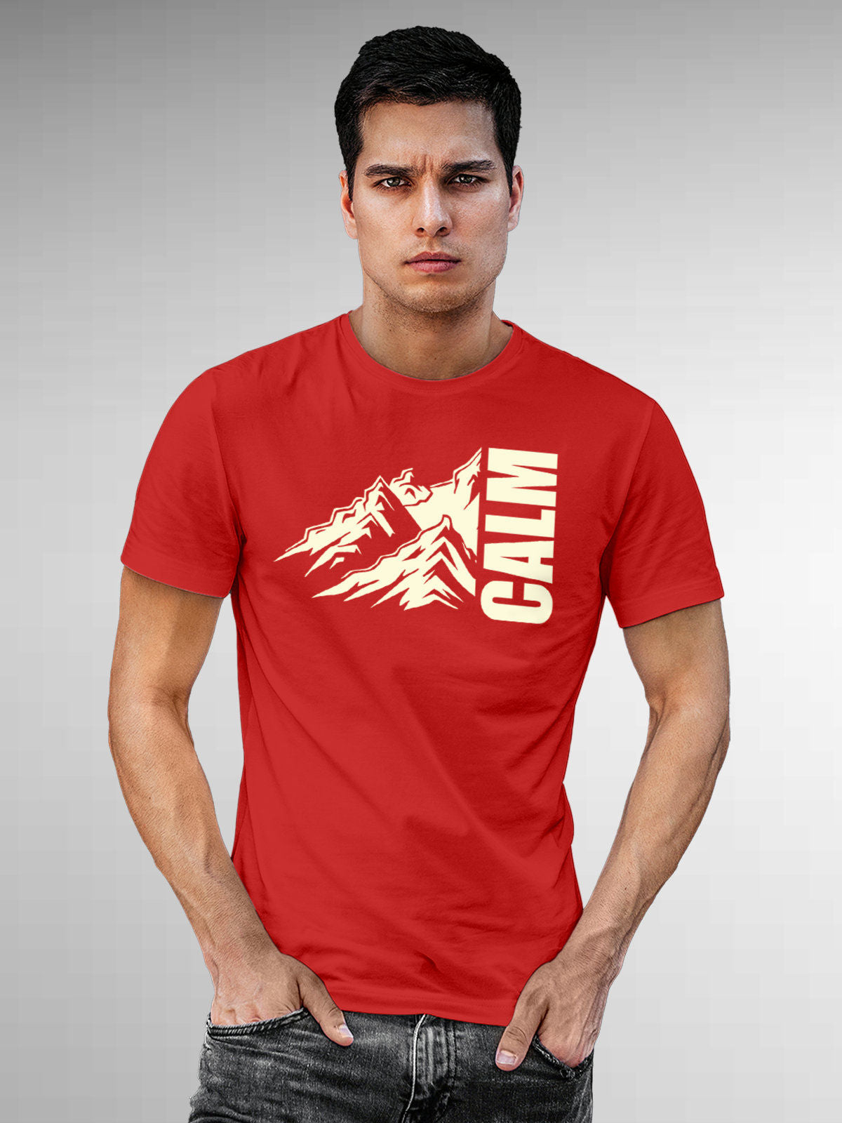 Model wearing Men's Red Round Neck T-shirt with 'Calm' design, offering effortless style and premium comfort