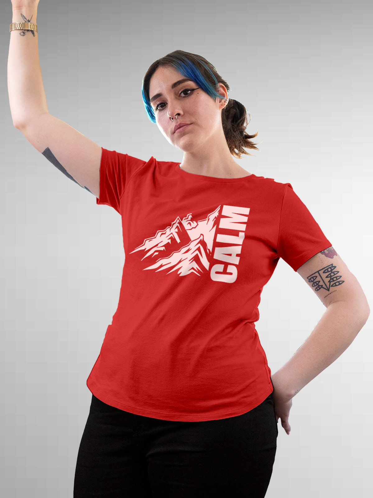 Model wearing Women's Red Round Neck T-shirt with 'Calm' design, offering effortless style and premium comfort