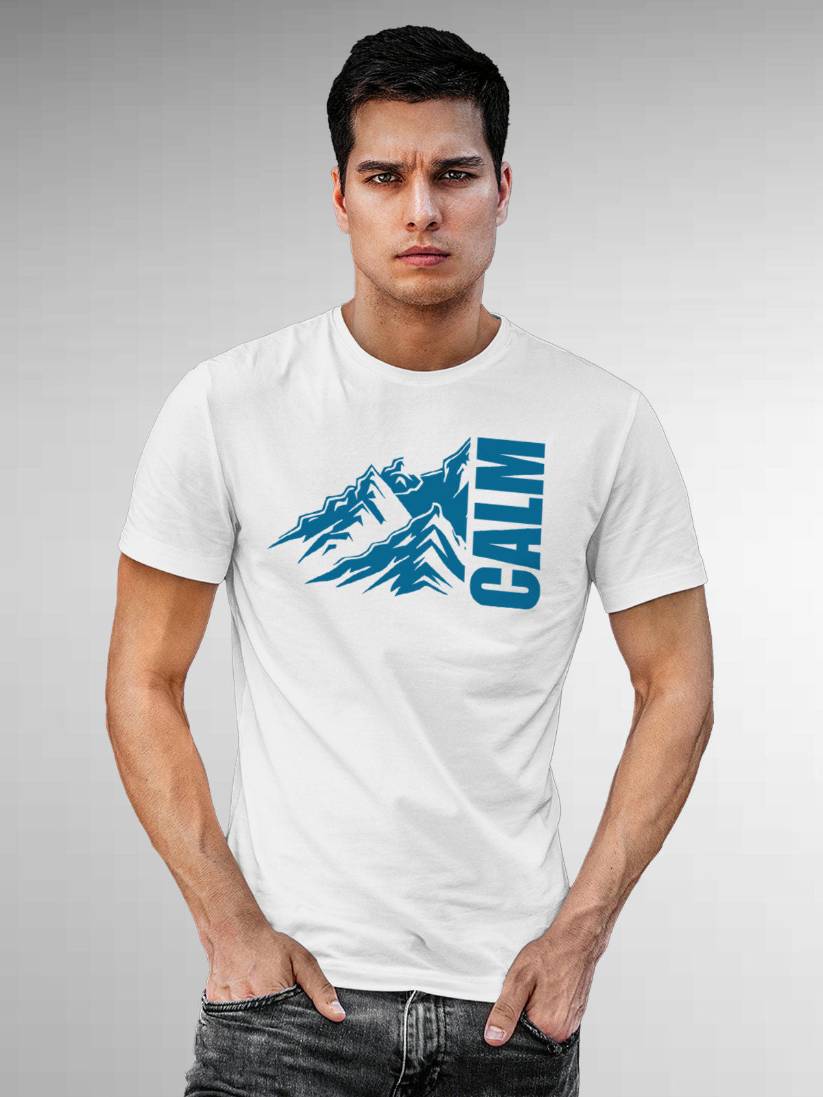 Model wearing Men's White Round Neck T-shirt with 'Calm' design, offering effortless style and premium comfort