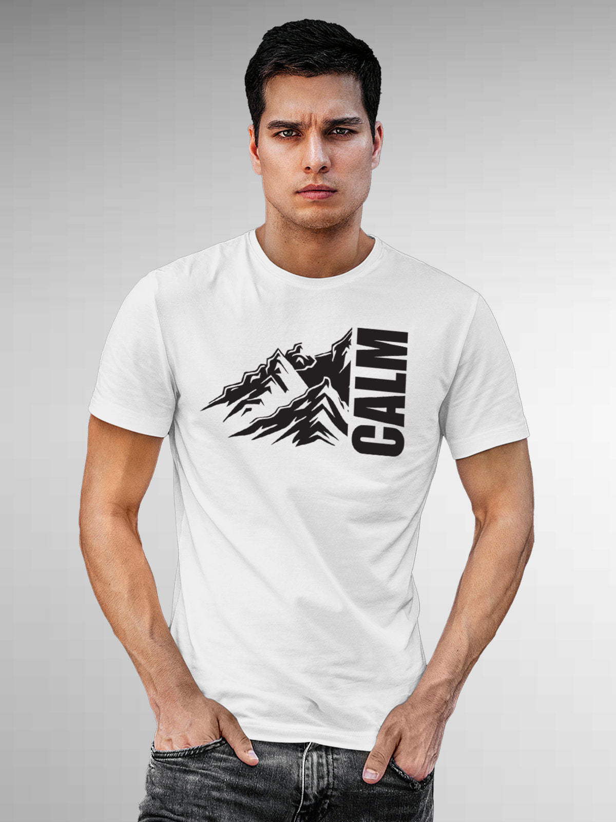 Model wearing Men's White Round Neck T-shirt with 'Calm' design, offering effortless style and premium comfort