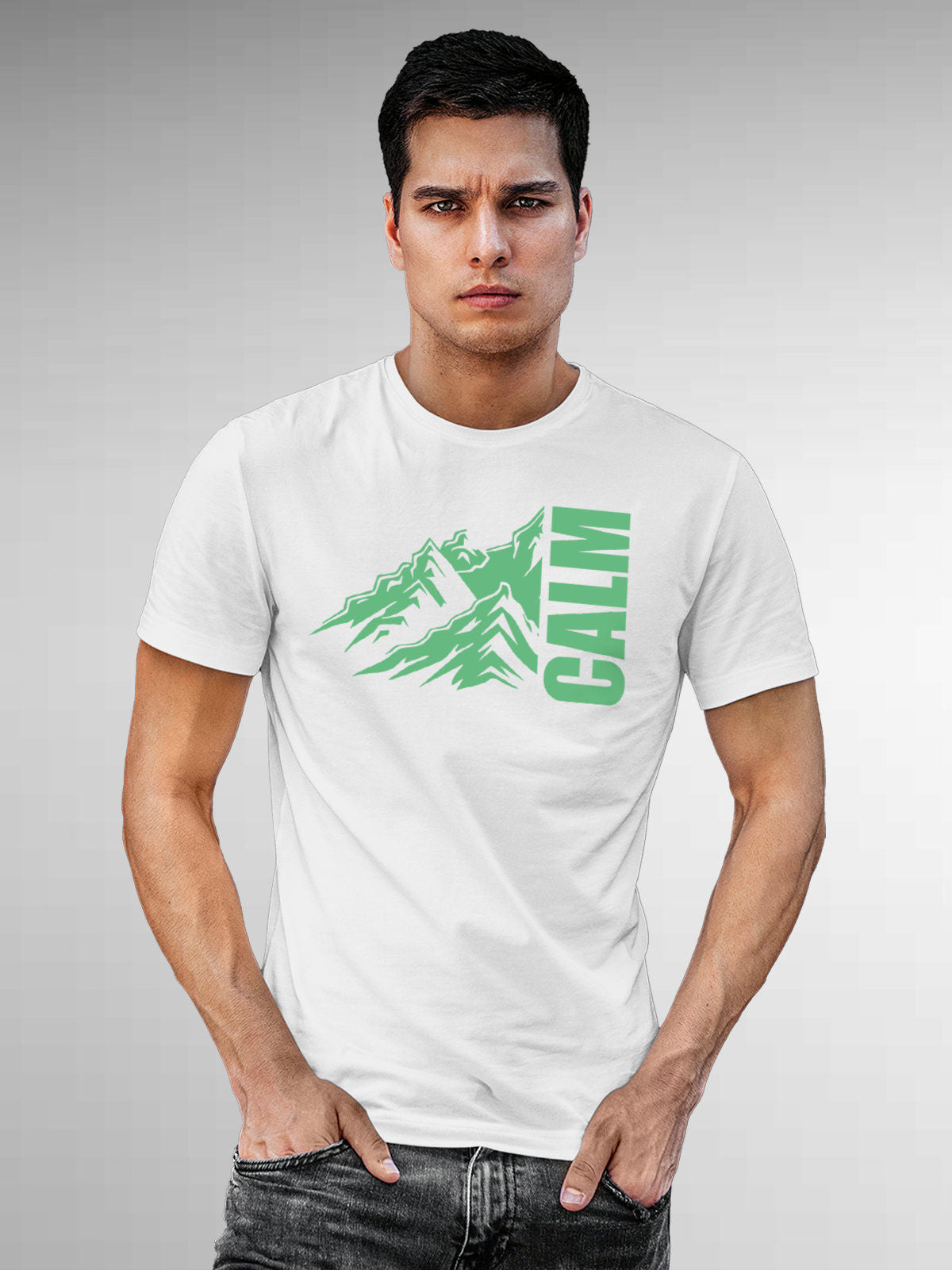 Model wearing Men's White Round Neck T-shirt with 'Calm' design, offering effortless style and premium comfort