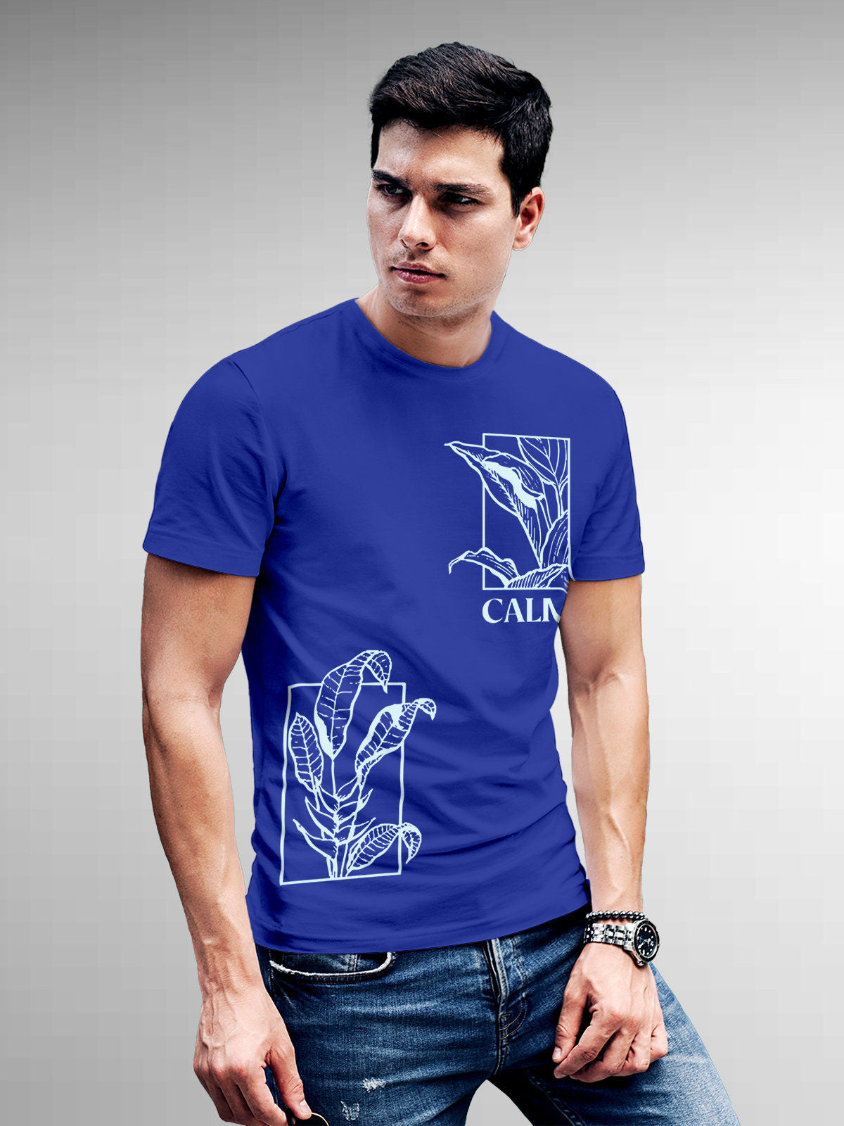 Model wearing Men's Blue Round Neck T-shirt with 'Calm' design, offering effortless style and premium comfort