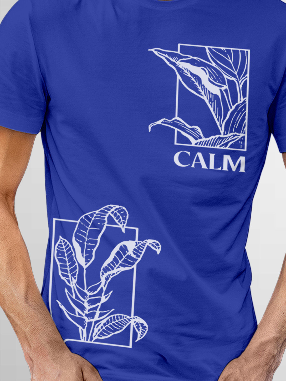 Close up of 'Calm' design on Men's Blue Round Neck T-shirt, highlighting intricate details and vibrant print.