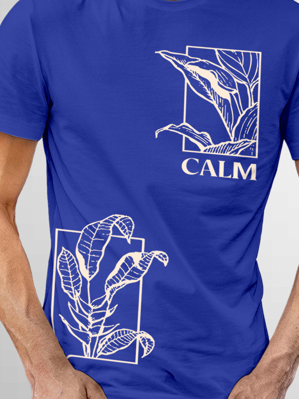 Close up of 'Calm' design on Men's Blue Round Neck T-shirt, highlighting intricate details and vibrant print.