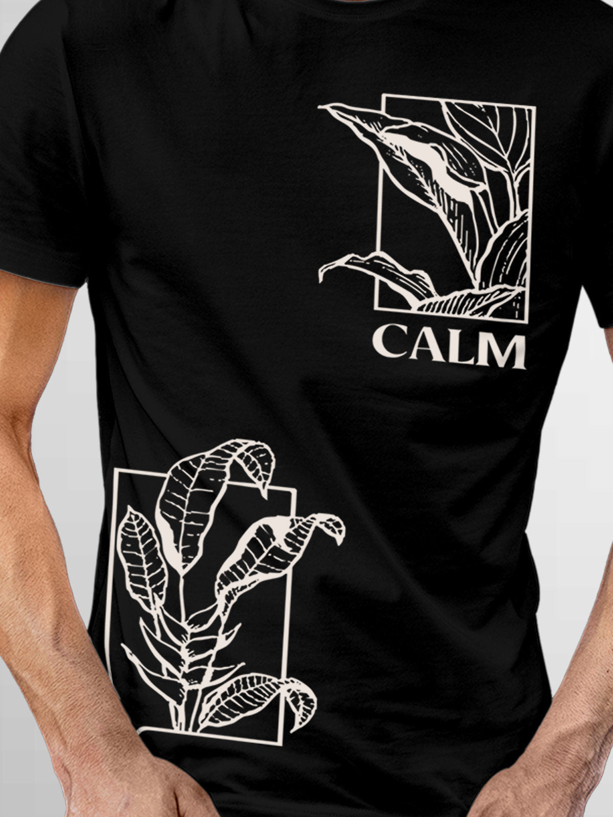 Close up of 'Calm' design on Men's Black Round Neck T-shirt, highlighting intricate details and vibrant print.