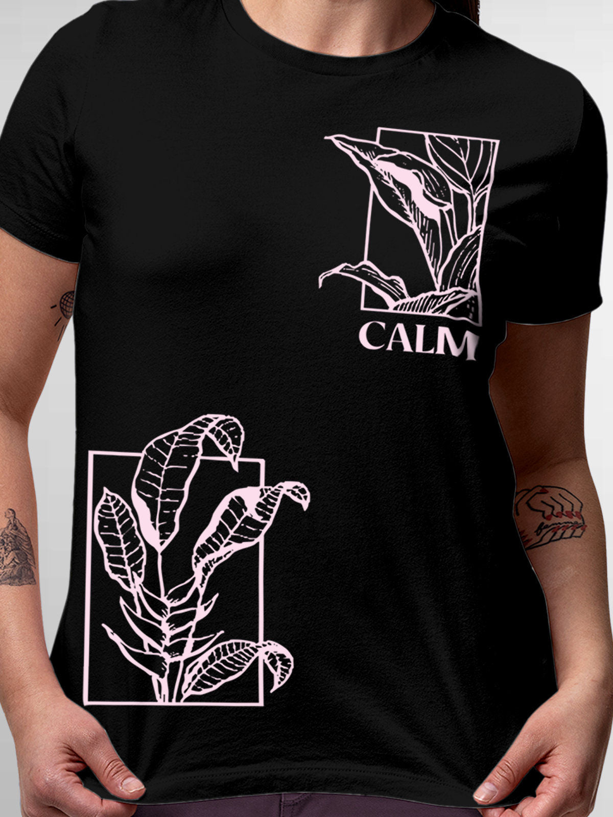 Close up of 'Calm' design on Women's Black Round Neck T-shirt, highlighting intricate details and vibrant print.