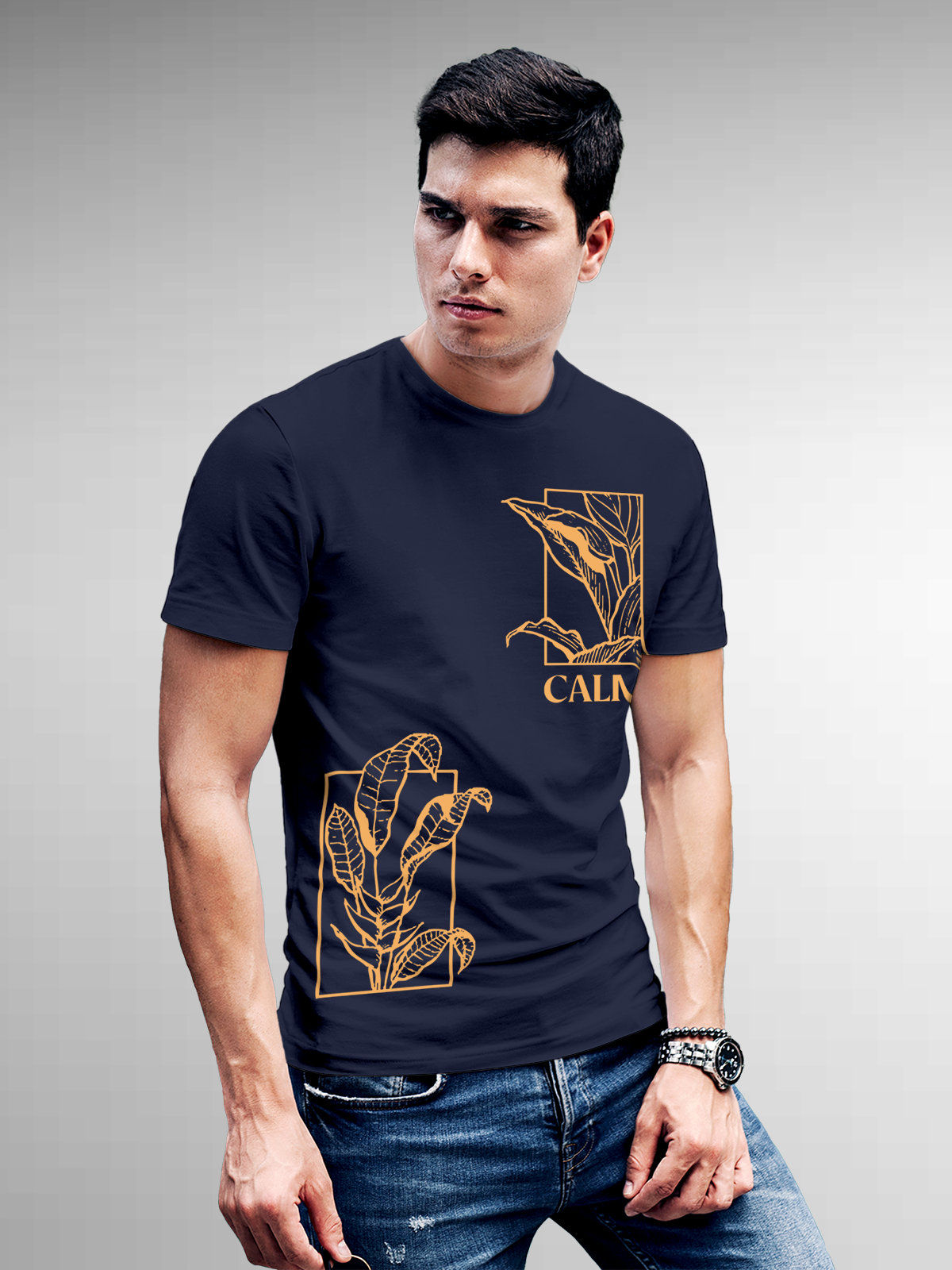 Model wearing Men's Navy Blue Round Neck T-shirt with 'Calm' design, offering effortless style and premium comfort